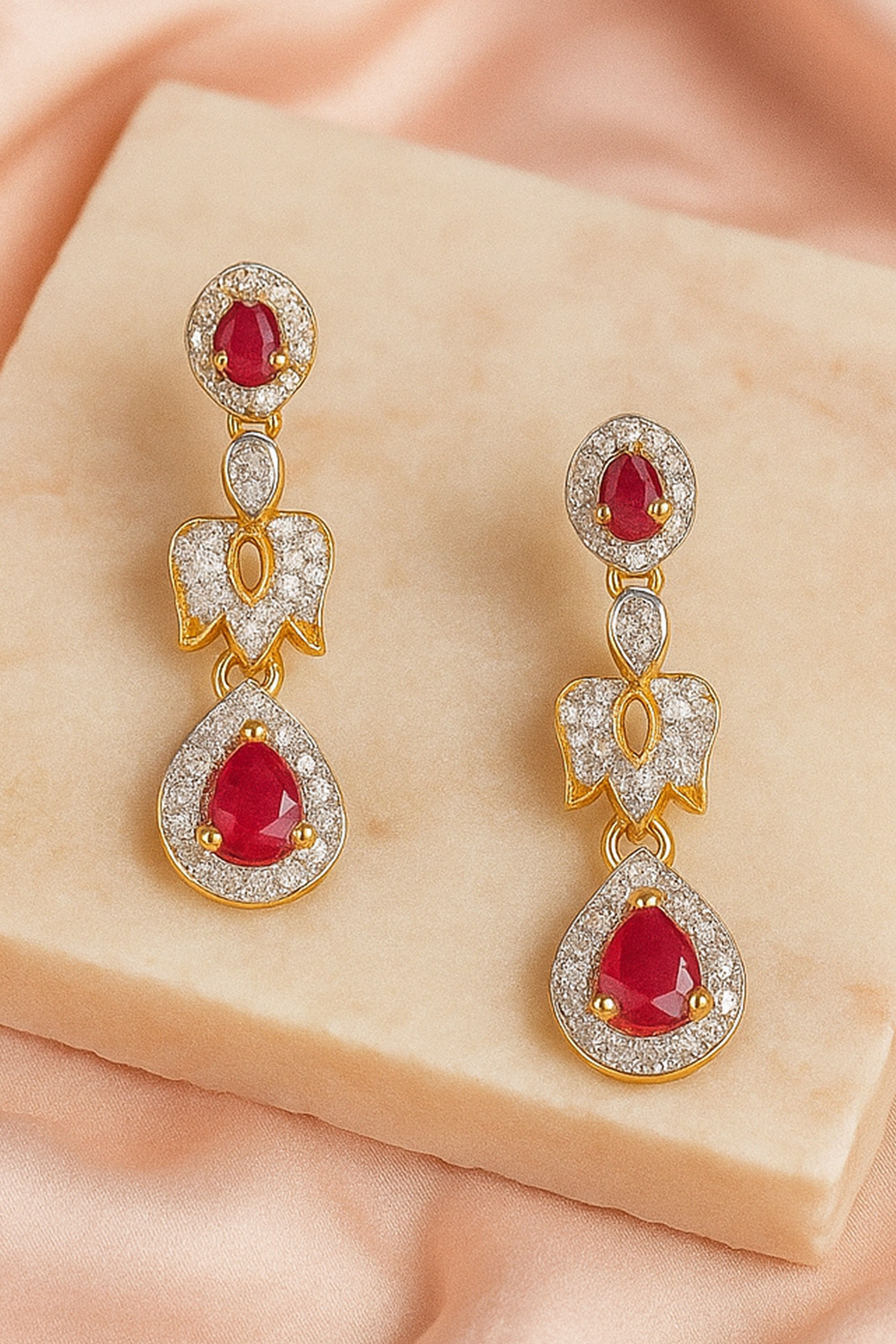 Estele Gold and Rhodium Plated Ruby-Studded Drop Earrings for Women