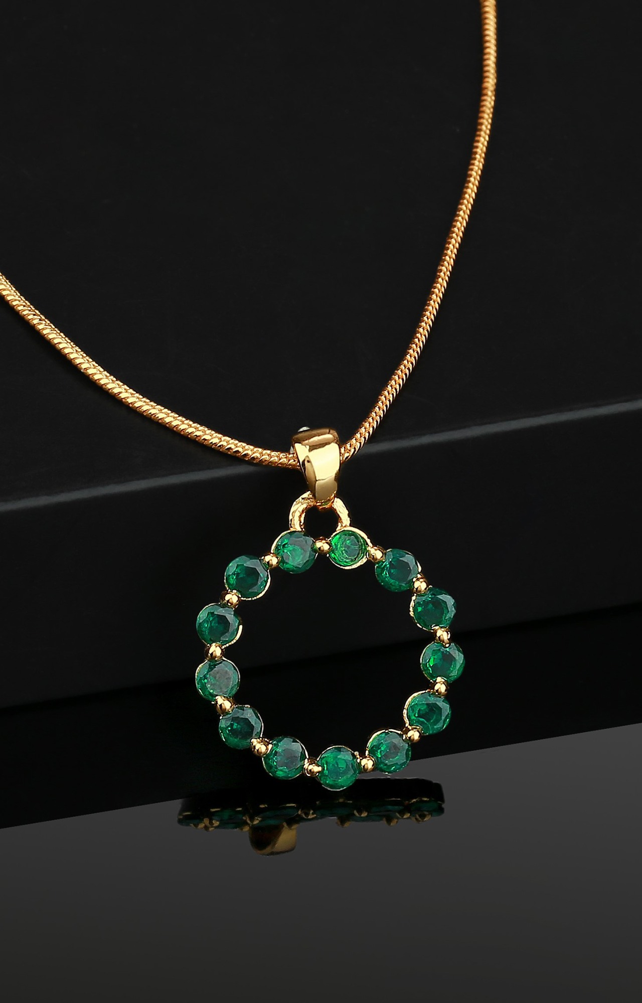 Estele Gold Plated CZ Trendy Circular Pendant with Green Crystals for Women
