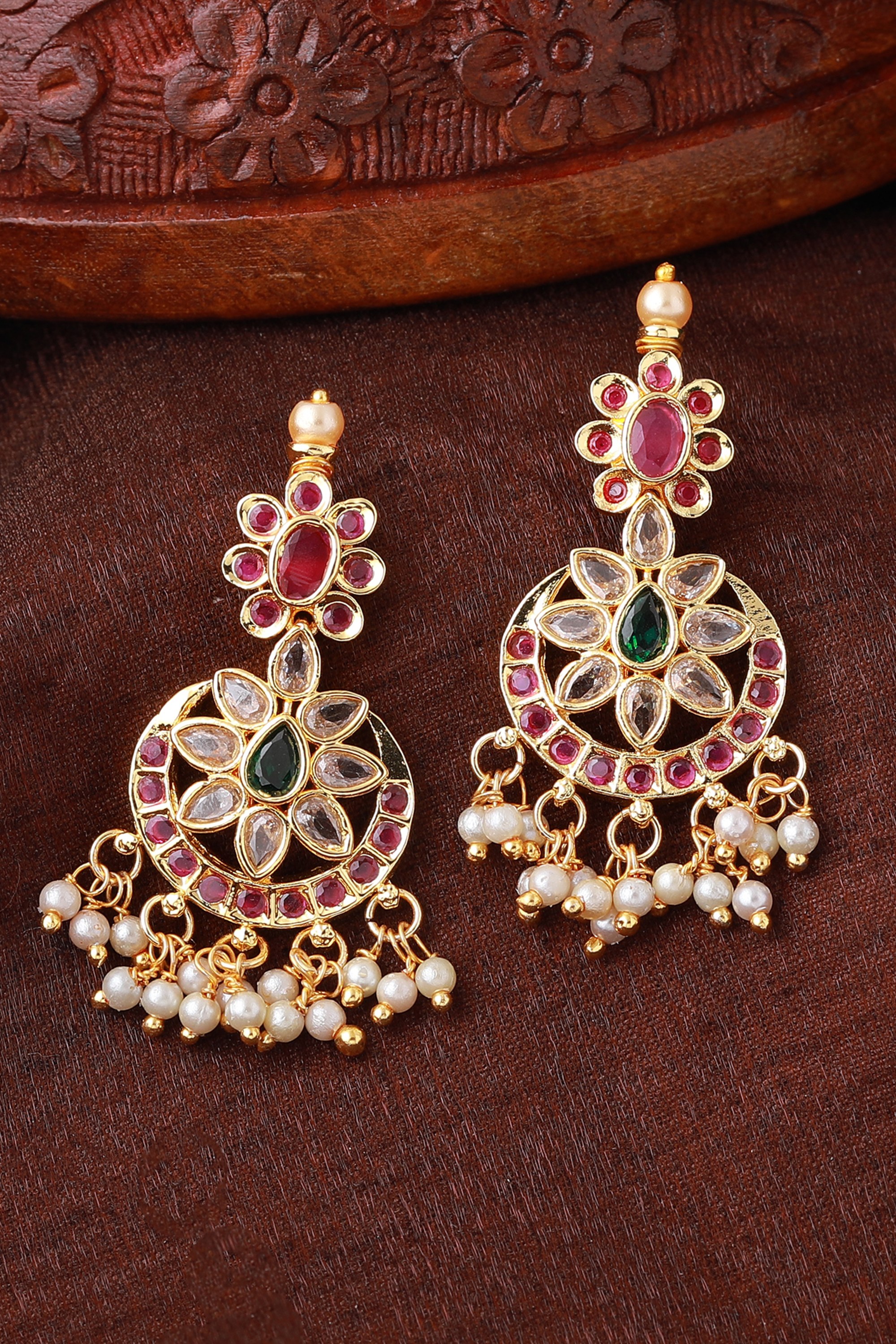 Estele Gold Plated American Diamond Fascinating Dangle Earrings with Pearls & Multicolor Stones for Women