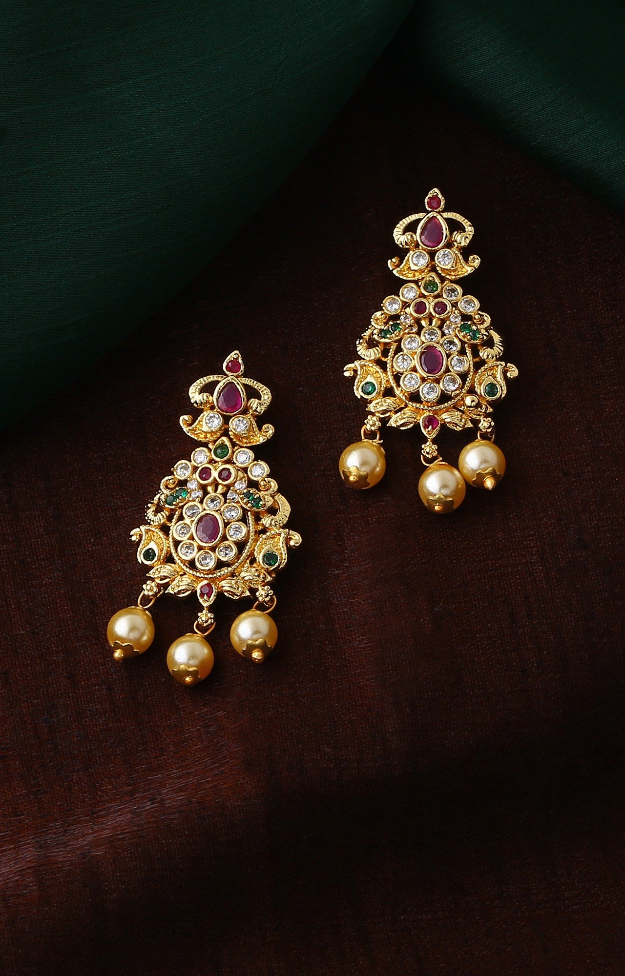 Estele Gold Plated CZ Dazzling Drop Earrings with Pearl & Multi Color Crystals for Women