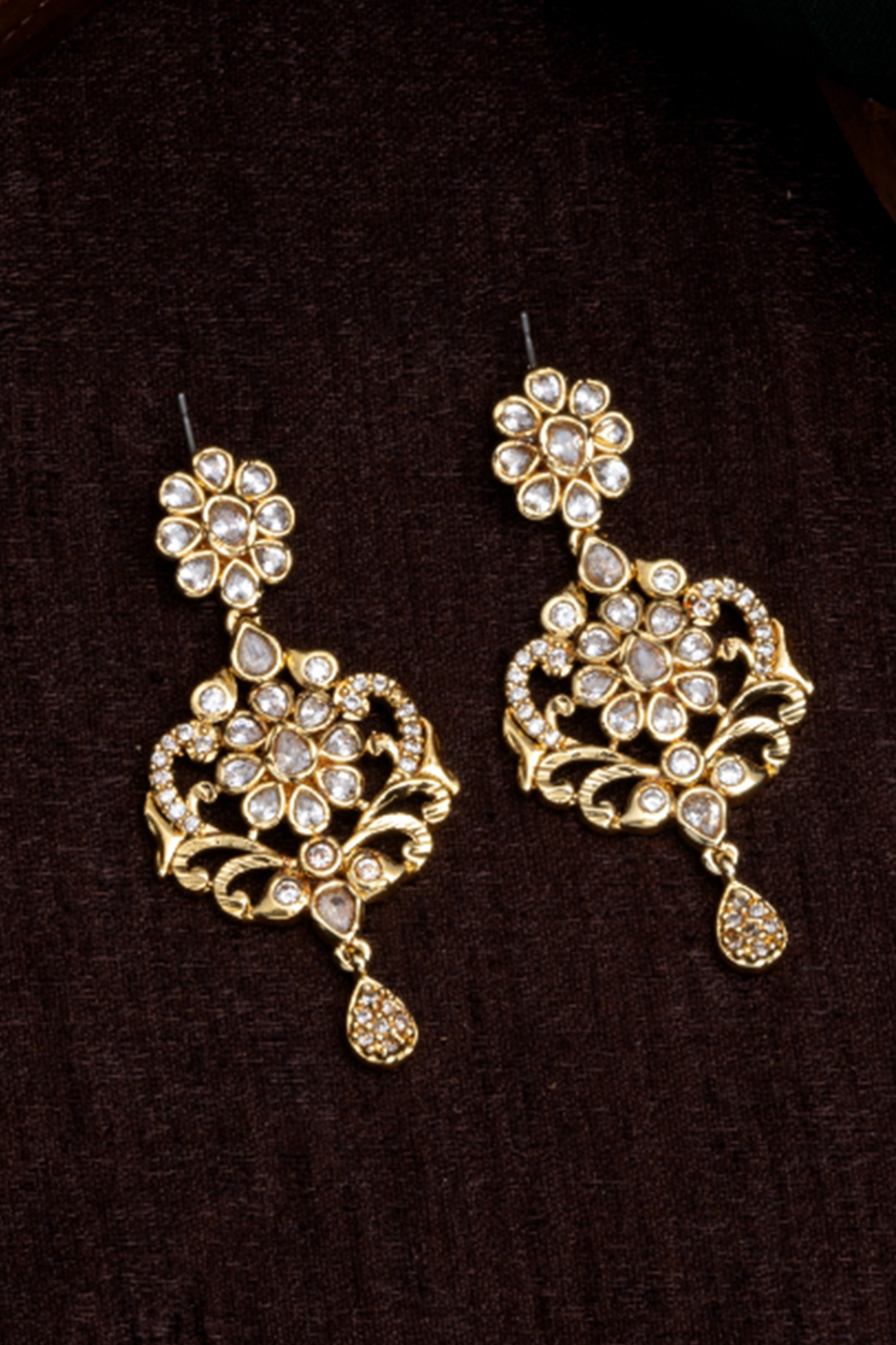Estele Gold Plated American Diamond Flower Designer Dangle Earrings with White Stones for Women