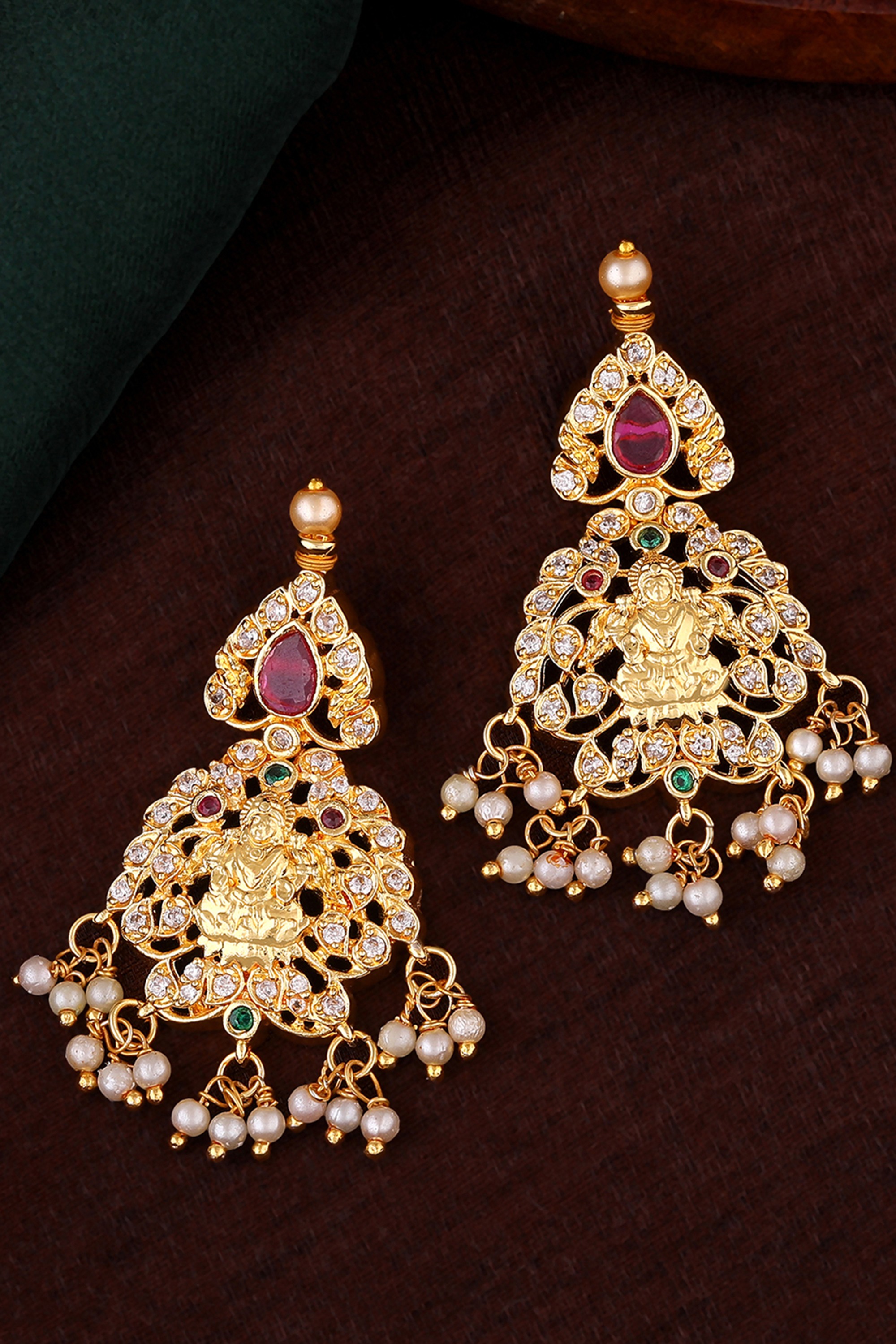 Estele Gold Plated CZ Devotional Lakshmi Devi Dangler Earrings with Pearls for Women
