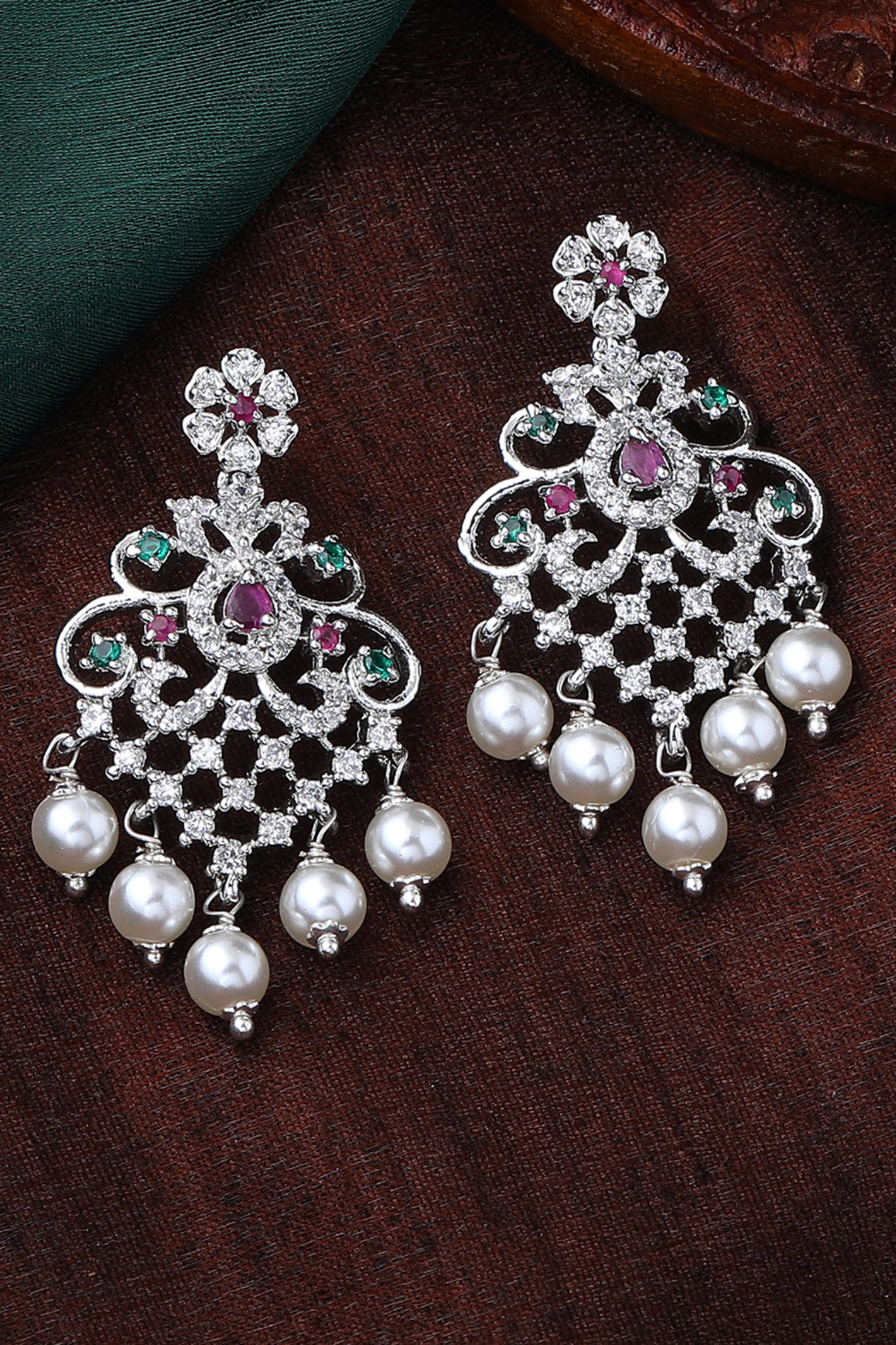 Estele Rhodium Plated CZ MajesticDangler Earrings with Pearl & Multi Color Crystals for Women