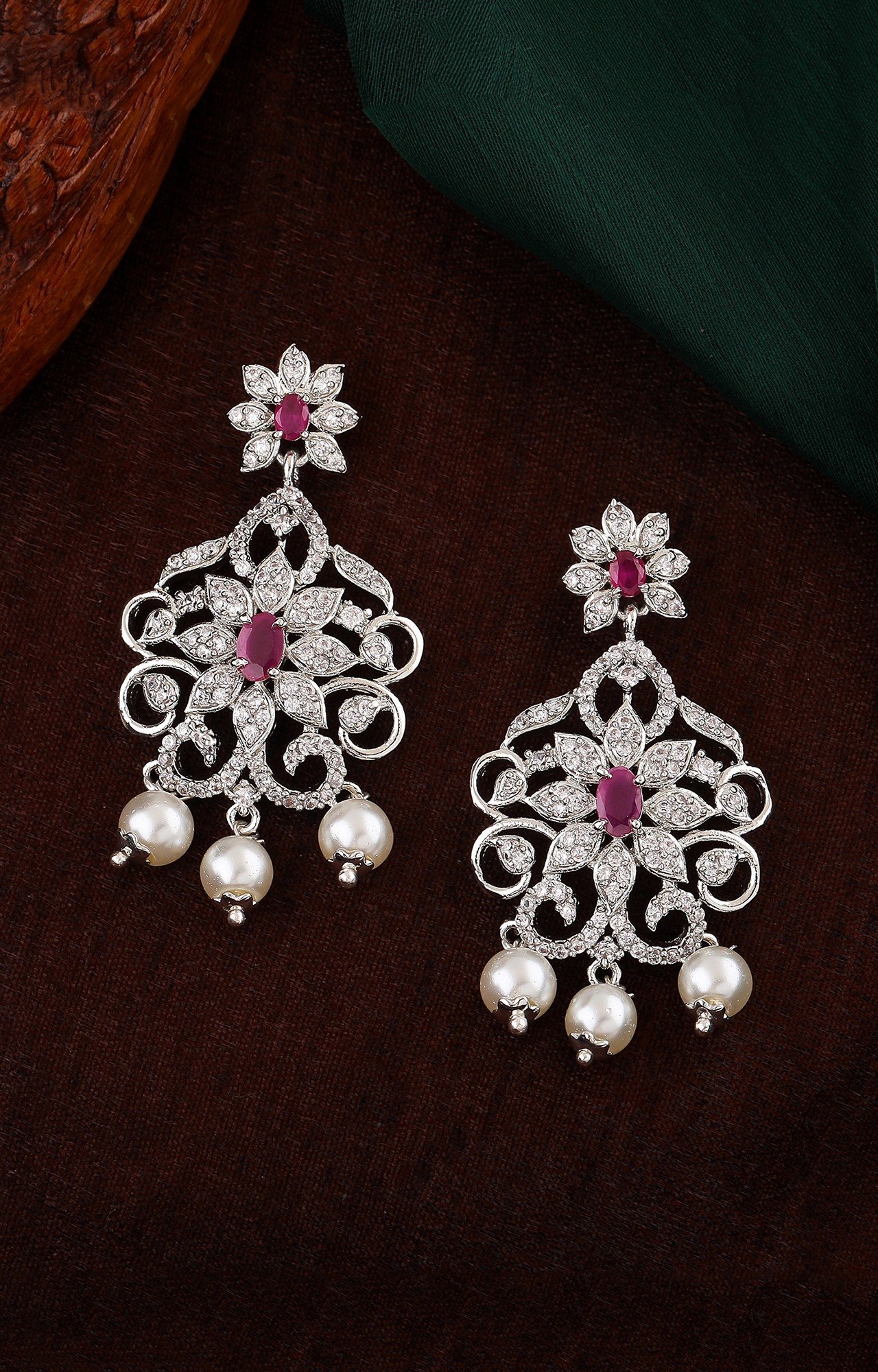 Estele Rhodium Plated CZ Fascinating Drop Earrings With Pearl & Crystals For Women