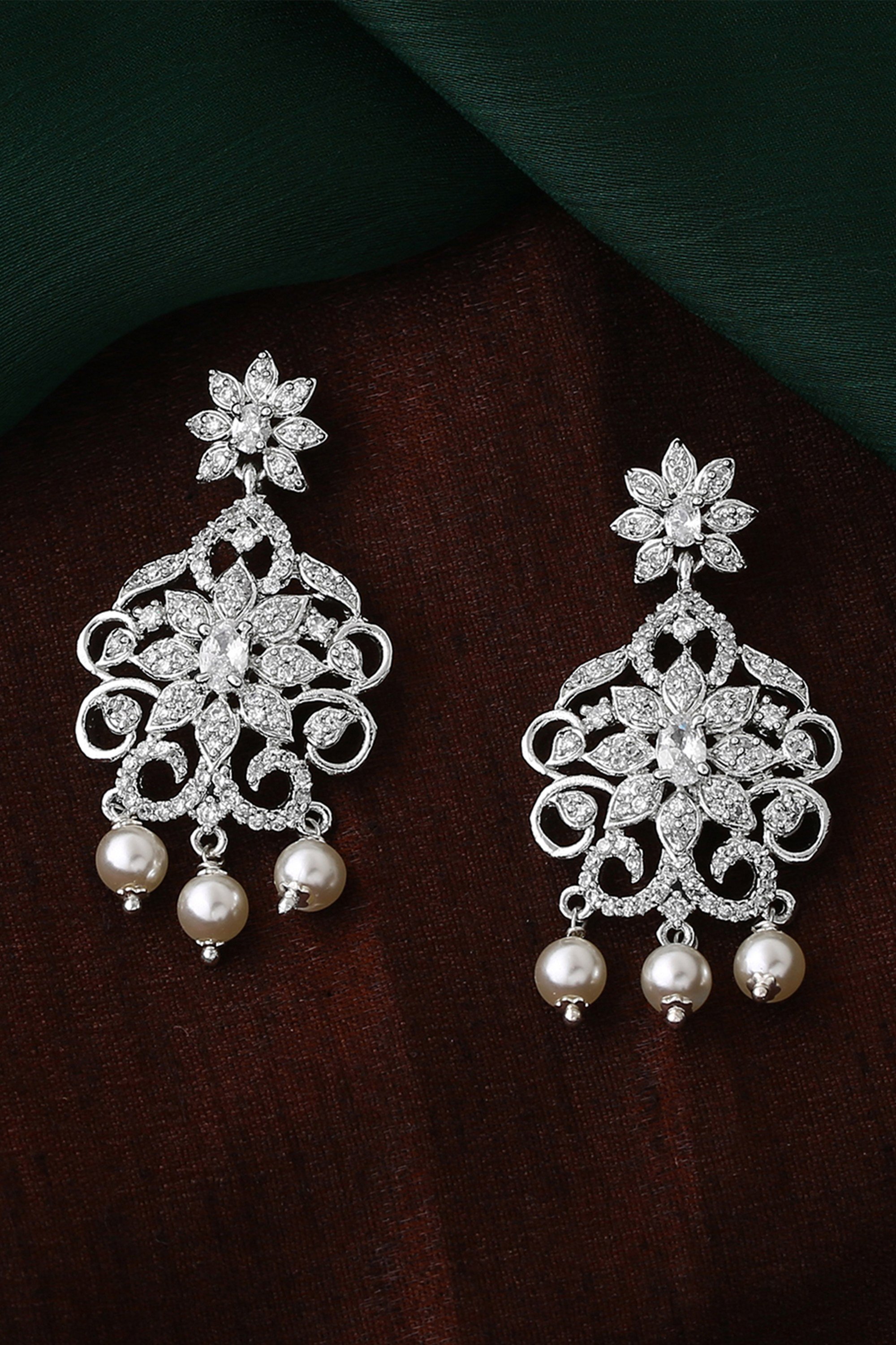 Estele Rhodium Plated CZ Charming Drop Earrings with Pearl & White Crystals for Women
