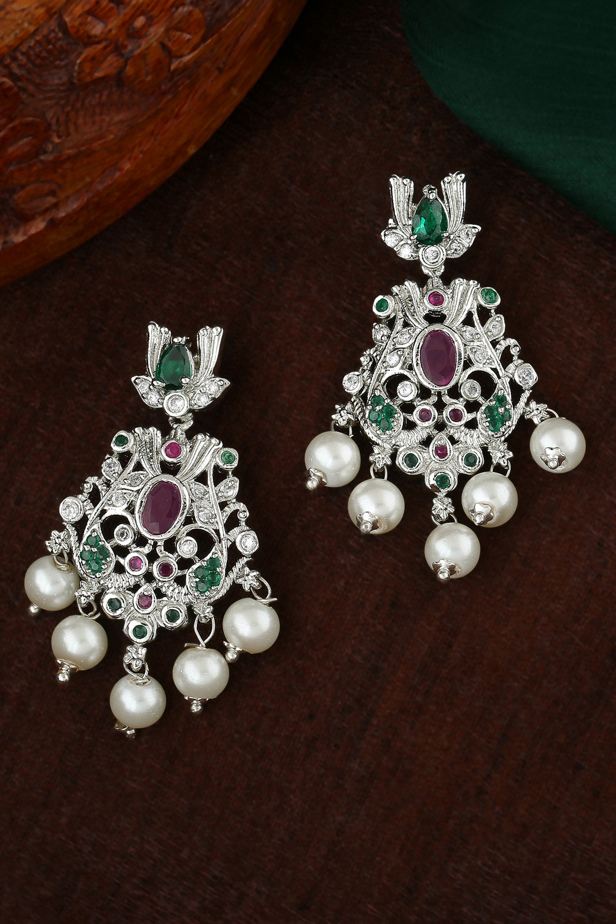 Estele Rhodium Plated American Diamond Stunning Dangle Designer Earrings with Pearls & Multicolor Stones for Women