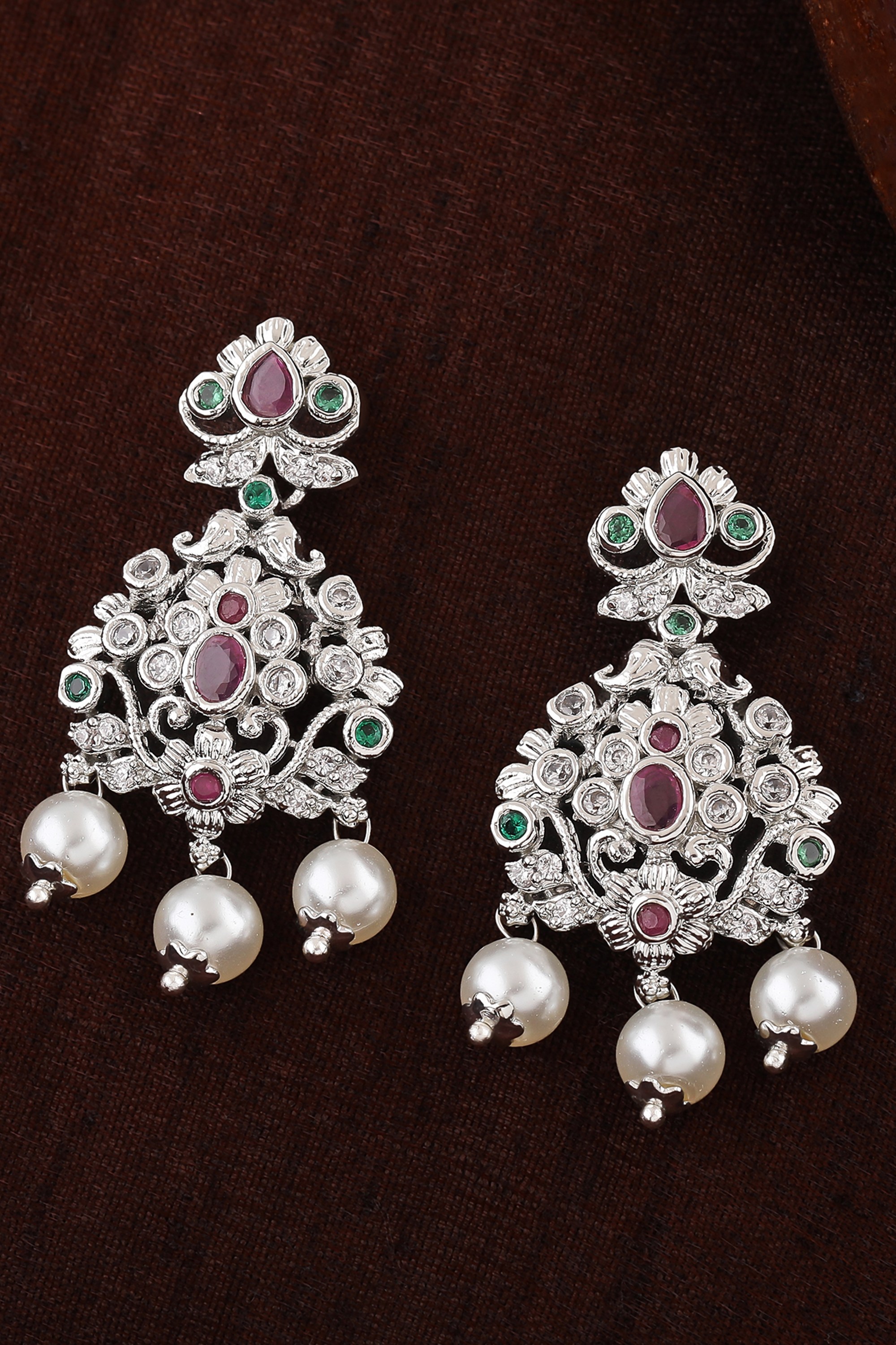 Estele Rhodium Plated American Daimond Traditional Glory Dangle Bridal Earrings with Pearls & Multicolor Stones for Women