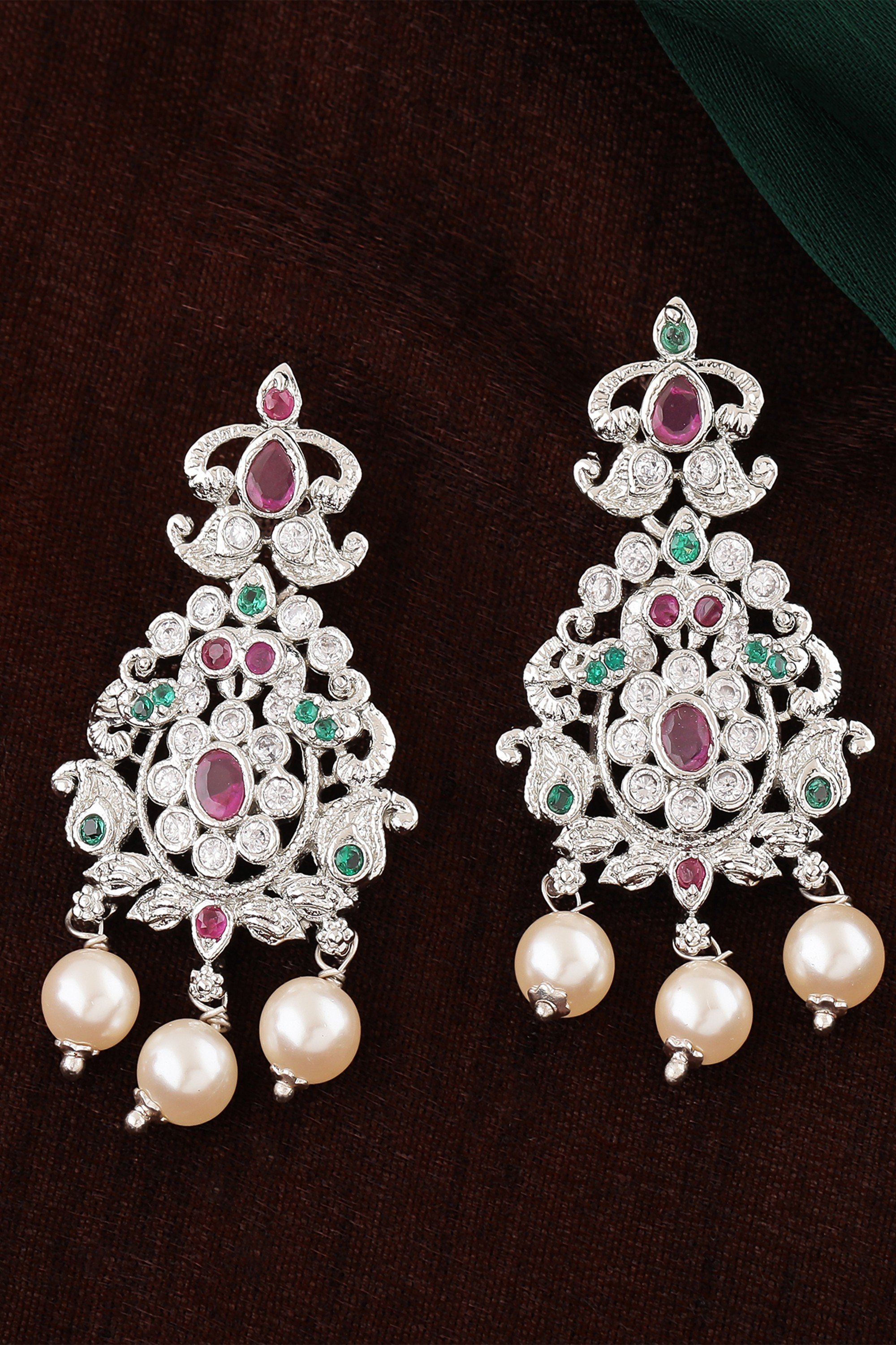 Estele Rhodium Plated American Diamond Captivating Bridal Dangle Earrings with Pearls & Multi-Color Stones for Women