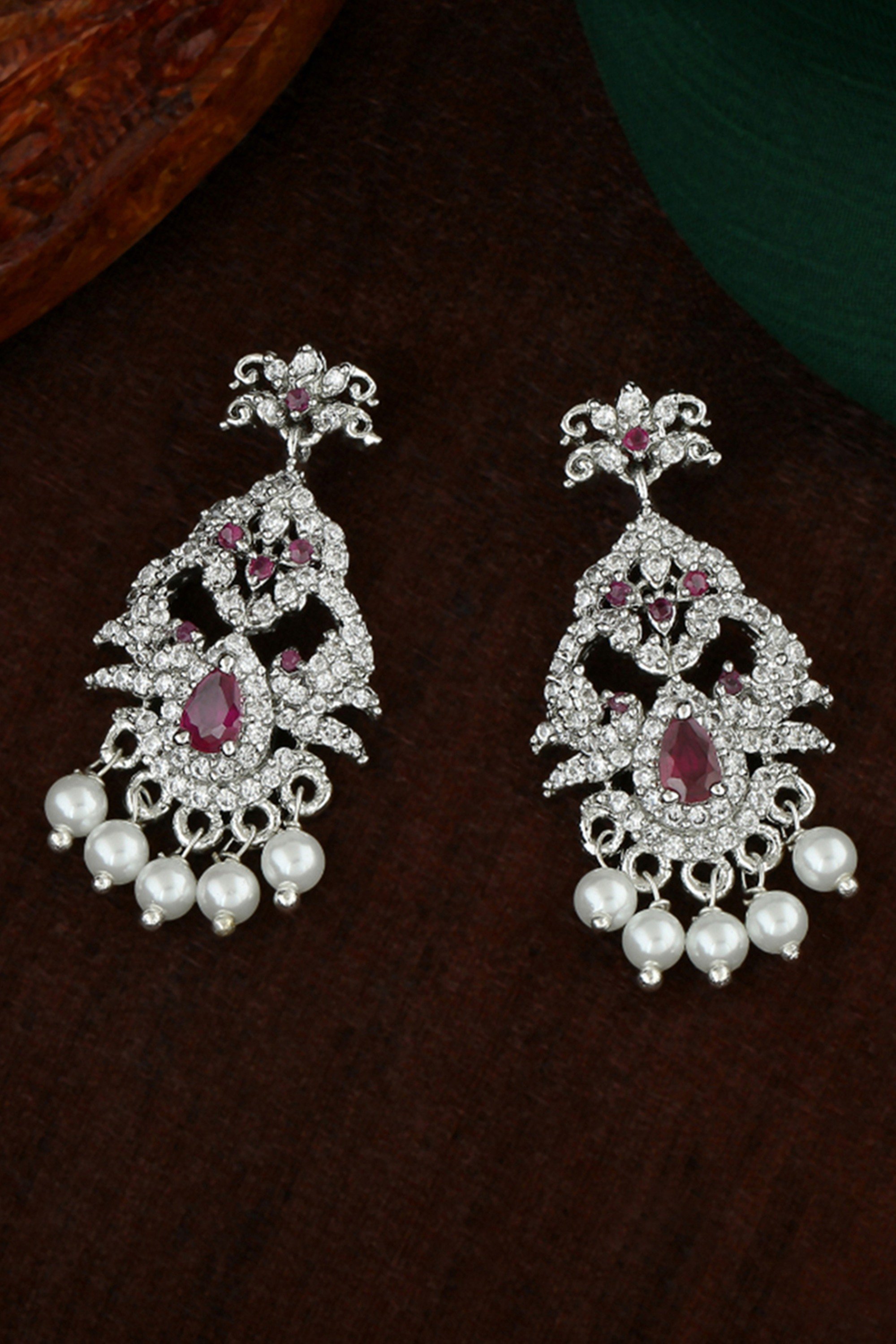 Estele Rhodium Plated American Diamond Mayuri Designer Dangle Bridal Earrings with Pearls, Pink & White Stones for Women