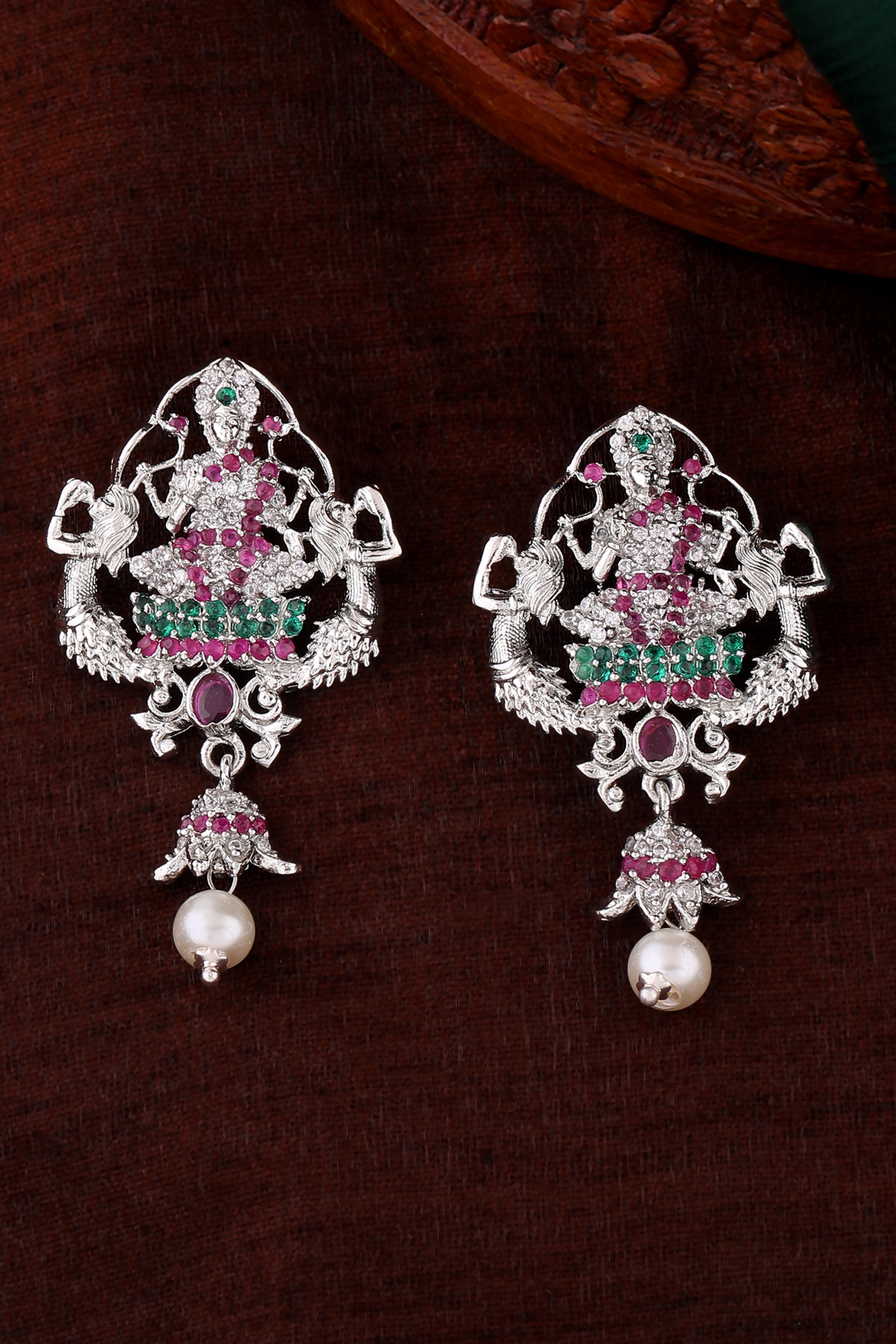 Estele Rhodium Plated CZ Traditional Lakshmi Devi Designer Earrings, featuring multicolor stones and pearls that add a regal touch, making them perfect for festive occasions and cultural celebrations._x000d_
_x000d_
_x000d_