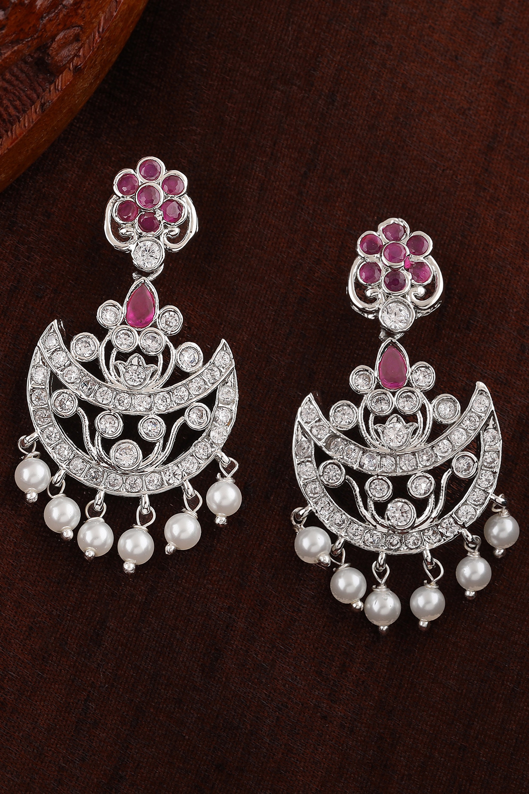 Estele Rhodium Plated CZ Gorgeous Flower Designer Earrings with Pearls for Women