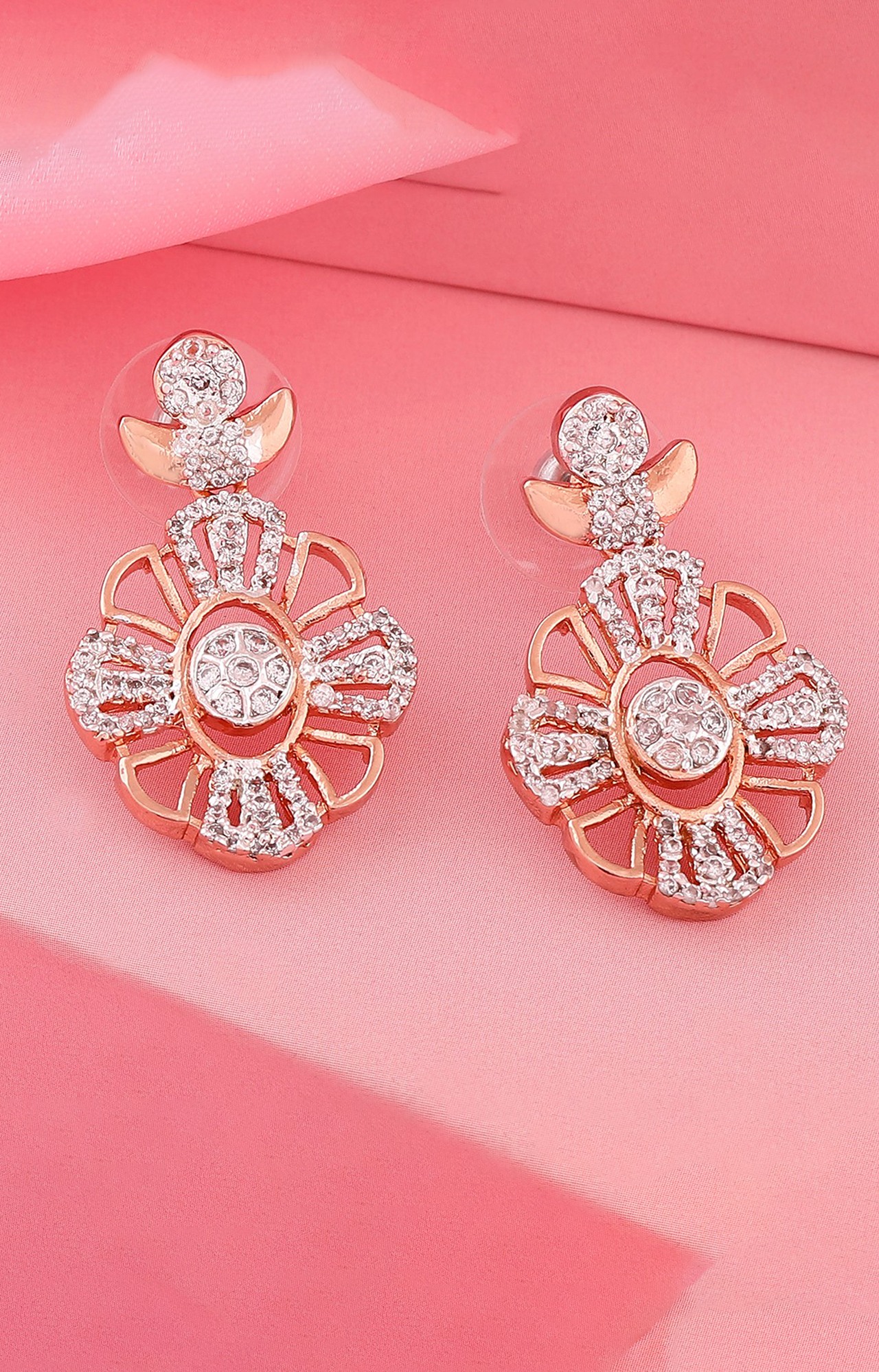 Estele Rose Gold Plated CZ Flower Designer Earrings for Women