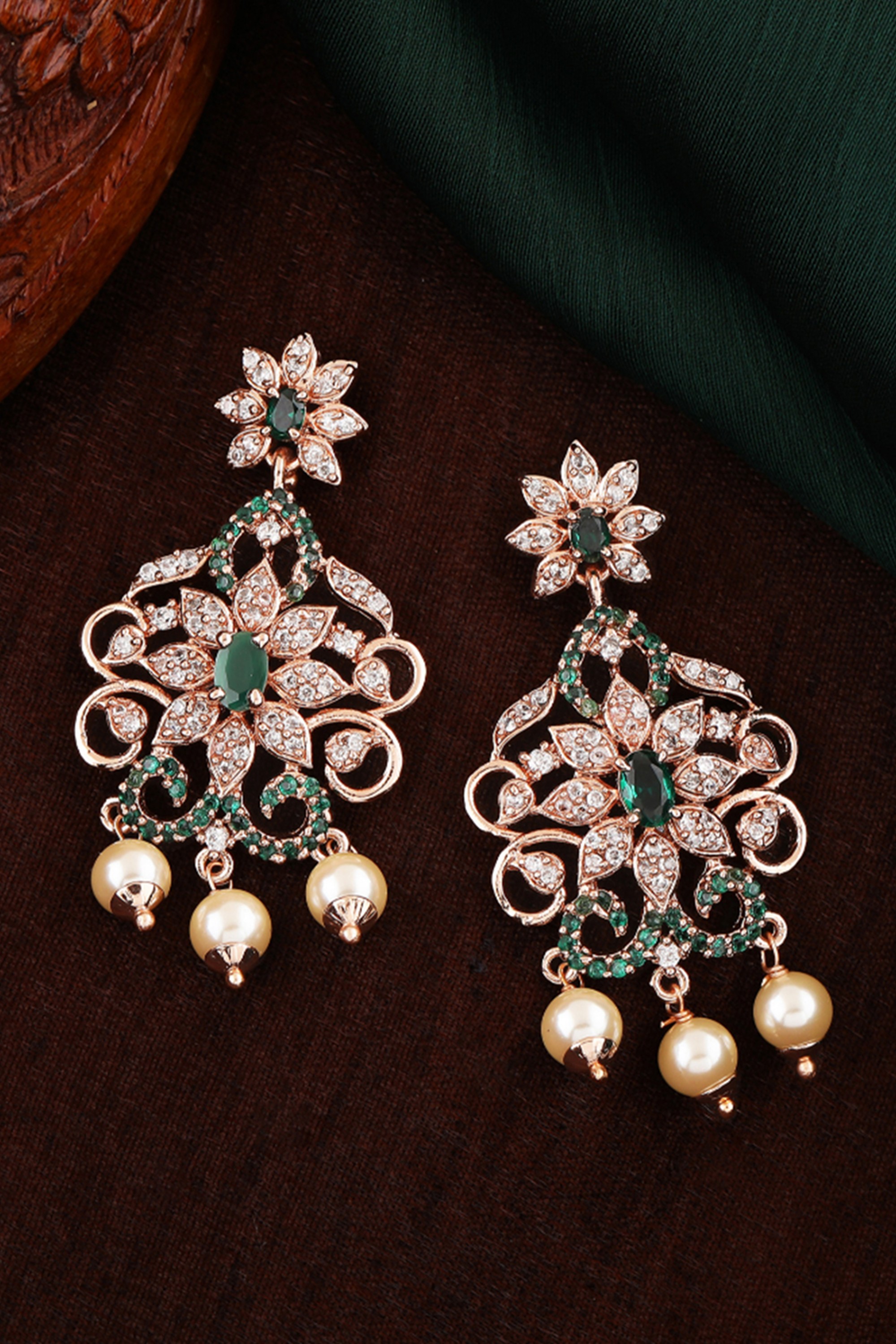 Estele Rosegold Plated CZ Enchanting Dangler Earrings with Pearl & Crystals for Women