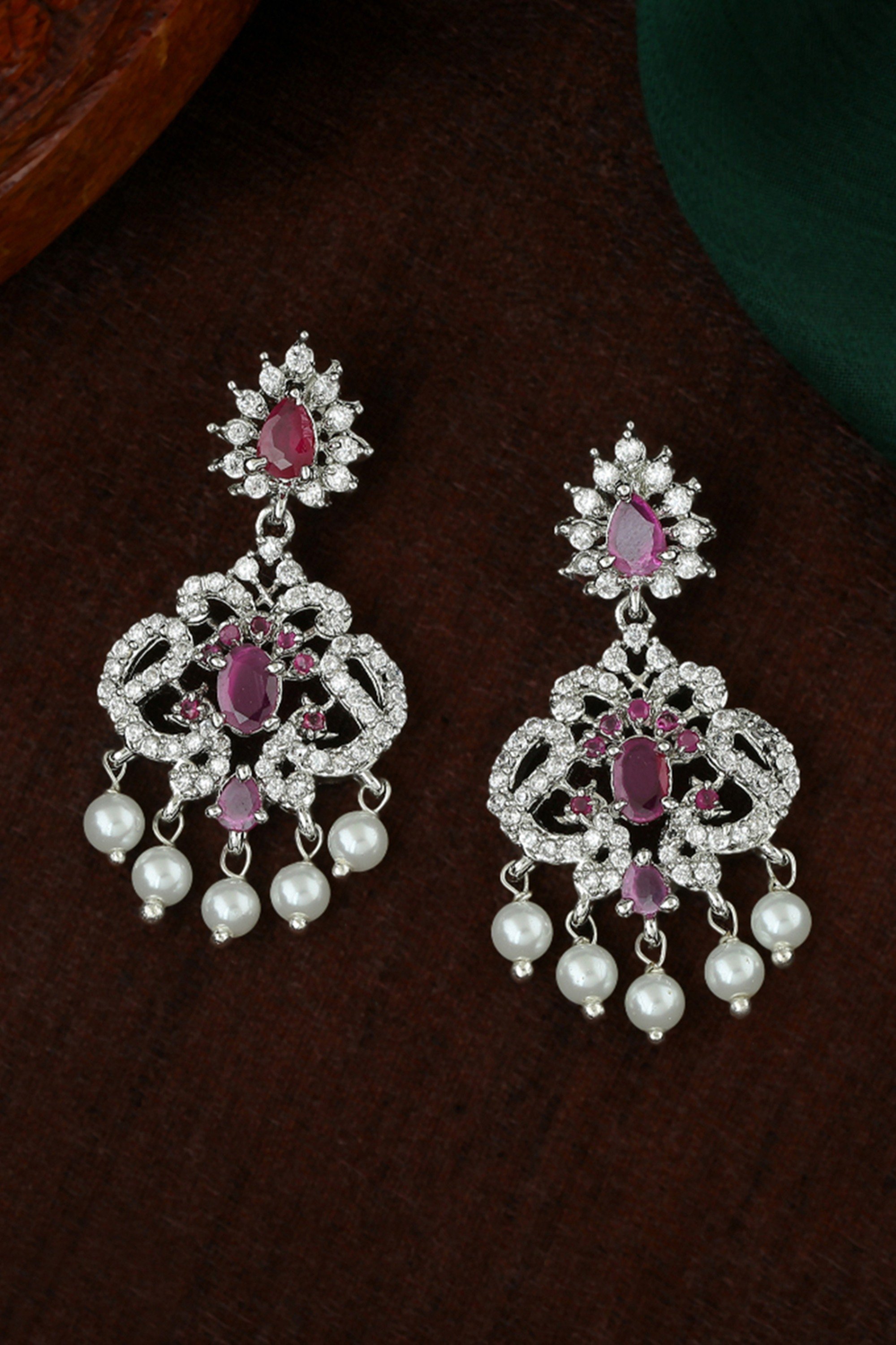 Estele Rhodium Plated American Diamond Dangle Earrings for Women – Adorned with Pearls, Ruby & White Stones, Elegant Party Wear Jewelry_x000d_