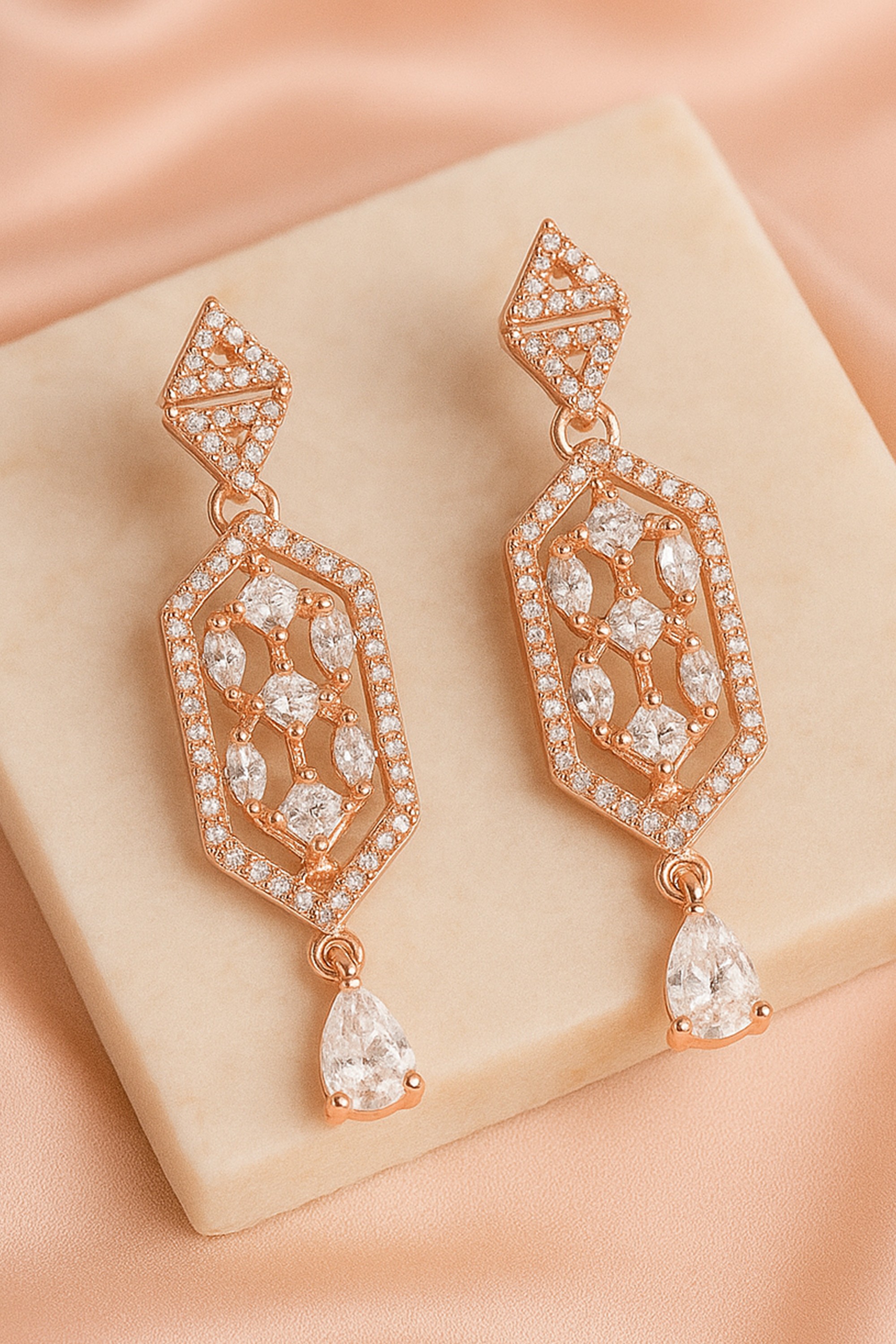 Estele Rose Gold-Plated White CZ Geometric Drop Earrings for Women