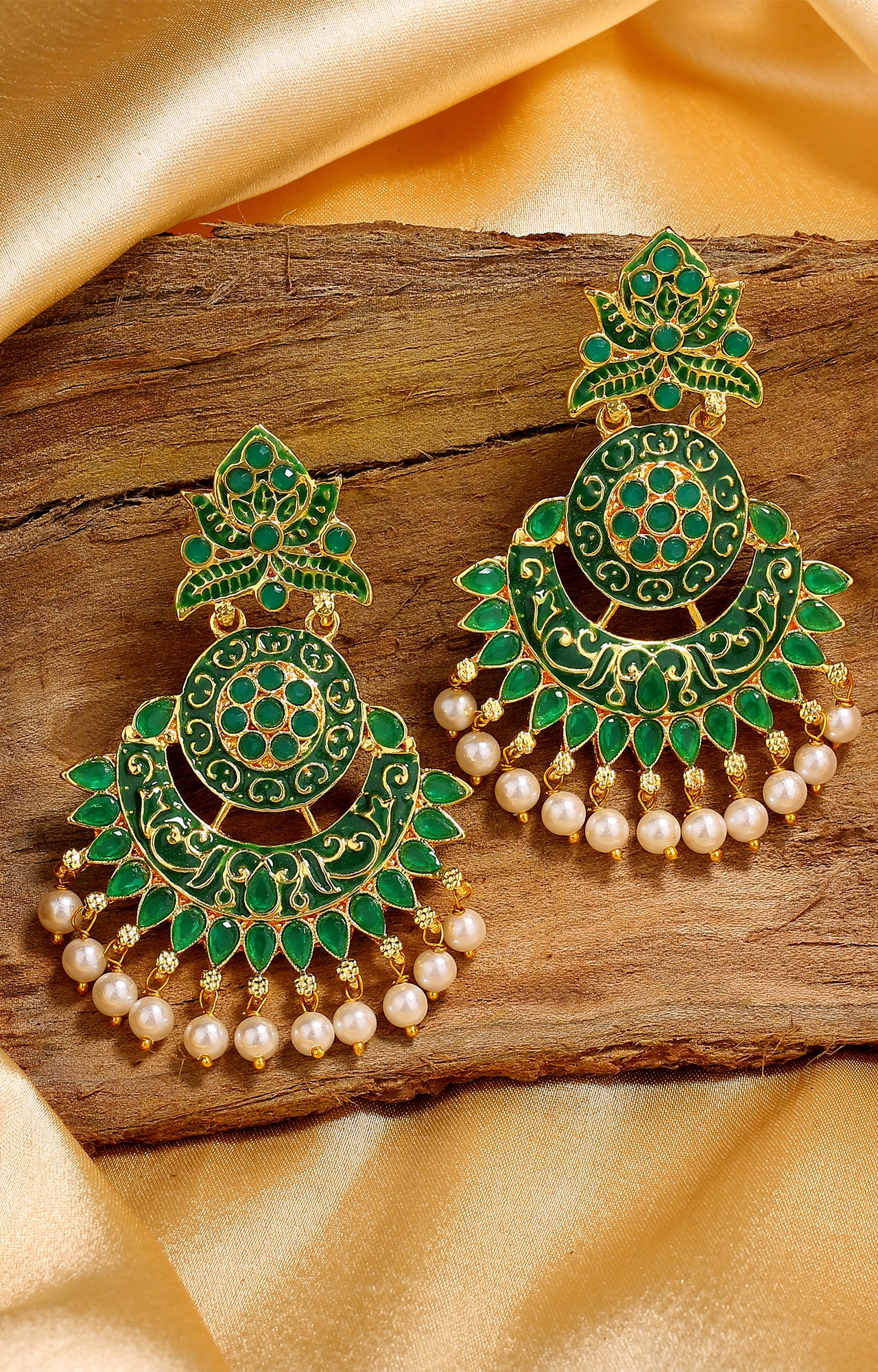 Estele Gold Plated Traditional Green Meenakari Drop Earrings with Pearl for Women