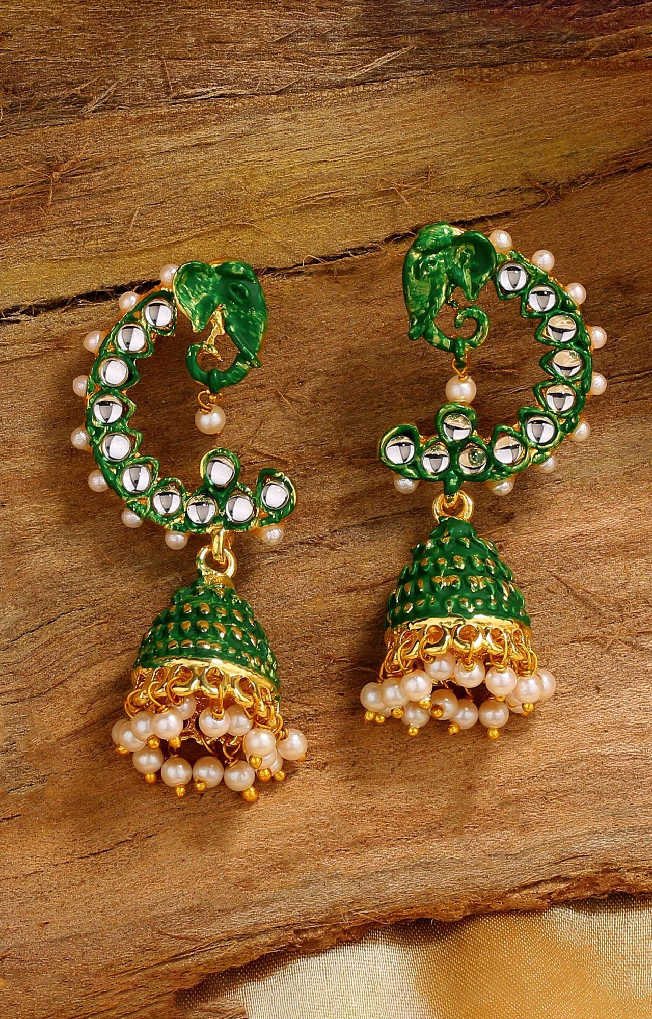 Estele Gold Plated Classic Traditional Jhumki Earrings with Green Enamel for Women
