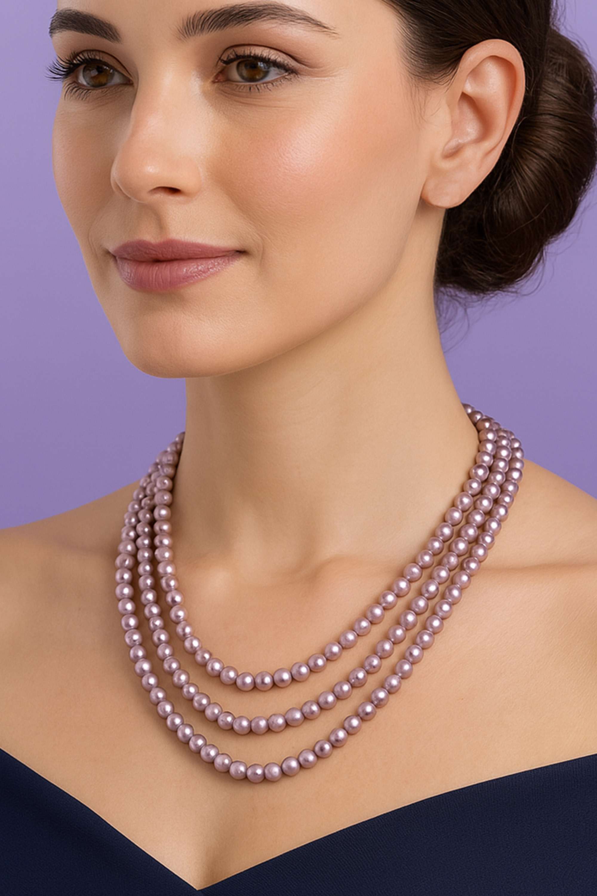 Estele Rhodium Plated Elegant & Refined Triple Line Purple Pearl Necklace for Women
