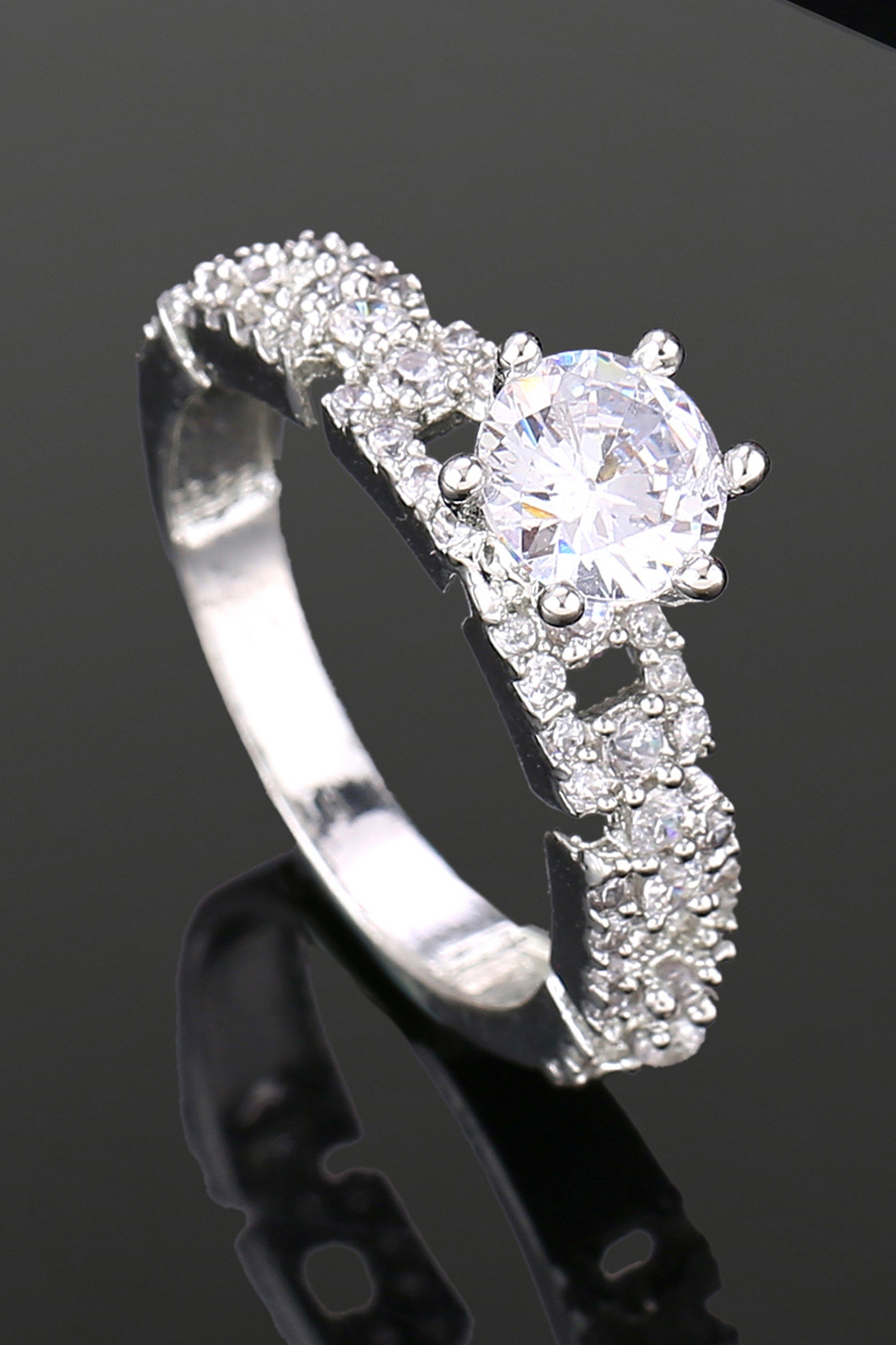 Estele Rhodium Plated CZ Sparkling Non-Adjustable Finger Ring for Women