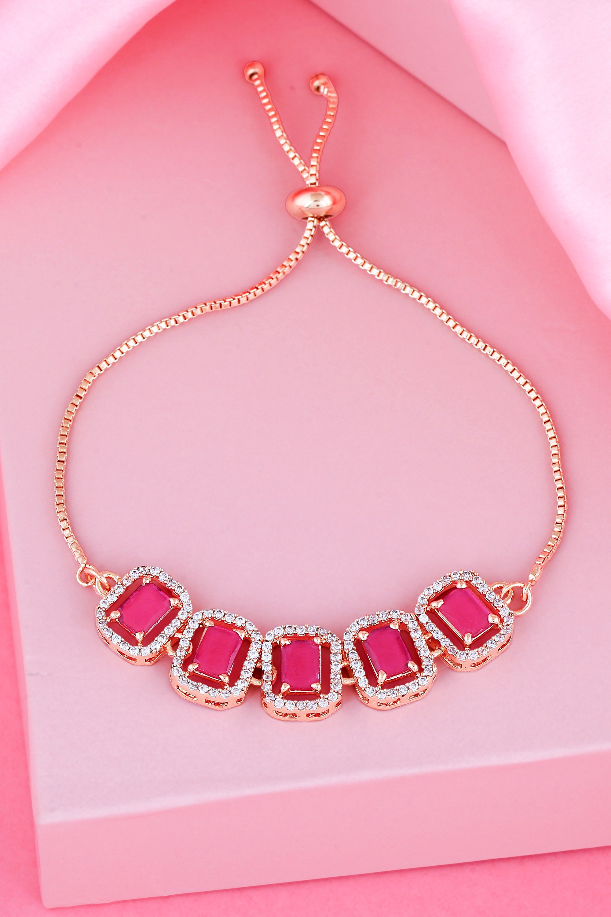 Estele Rose Gold Plated CZ Ossum Octagon Bracelet with Pink Crystals for Women