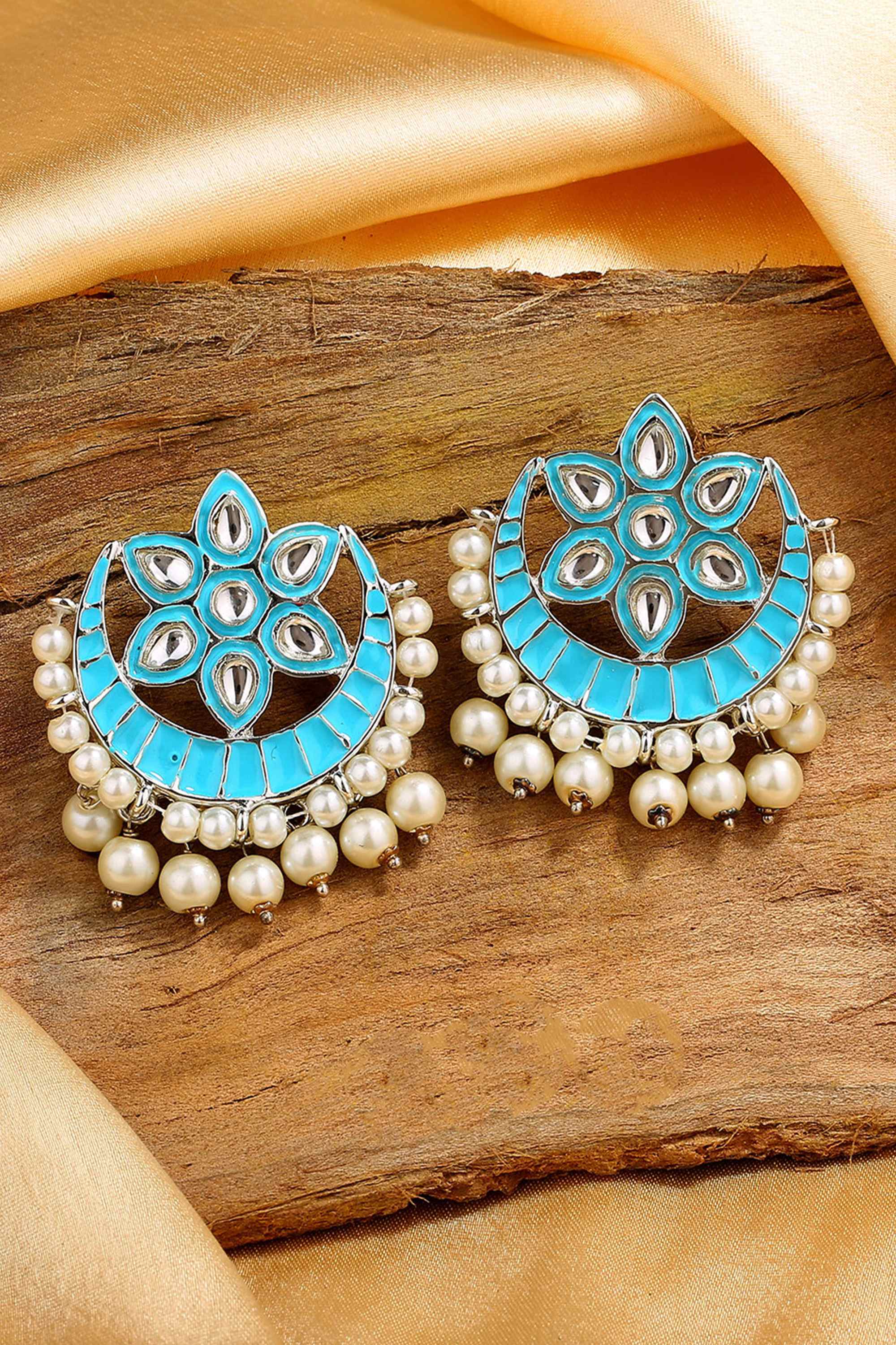 Estele Rhodium Plated Attractive Kundan Earrings with Pearl & Blue Enamel for Women
