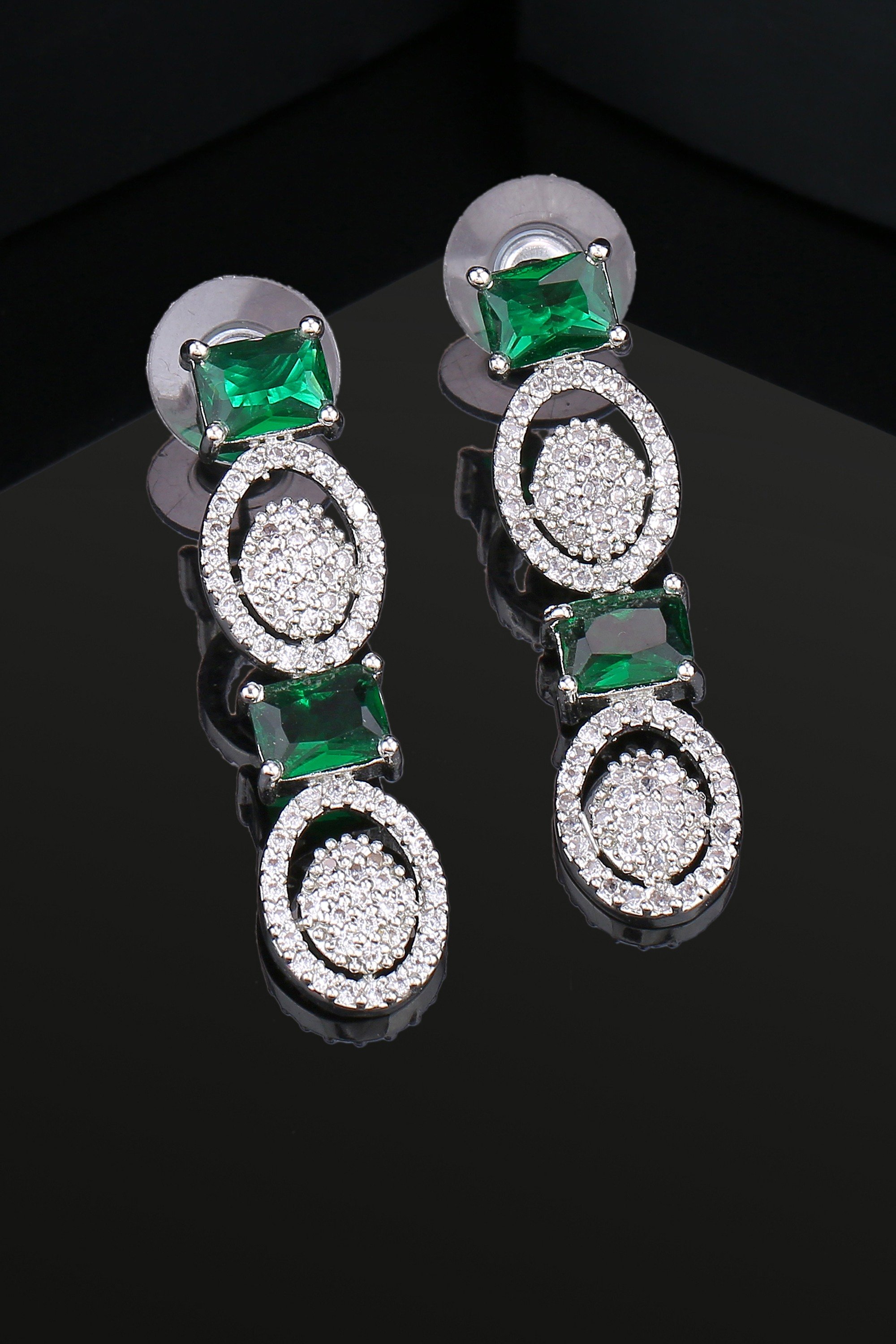 Estele Rhodium Plated CZ Adorable Earrings with Green Crystals for Women