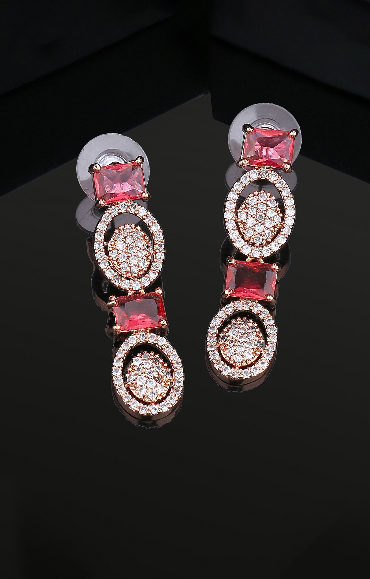 Estele Rose Gold Plated CZ Circular Earrings with Pink Crystals for Women