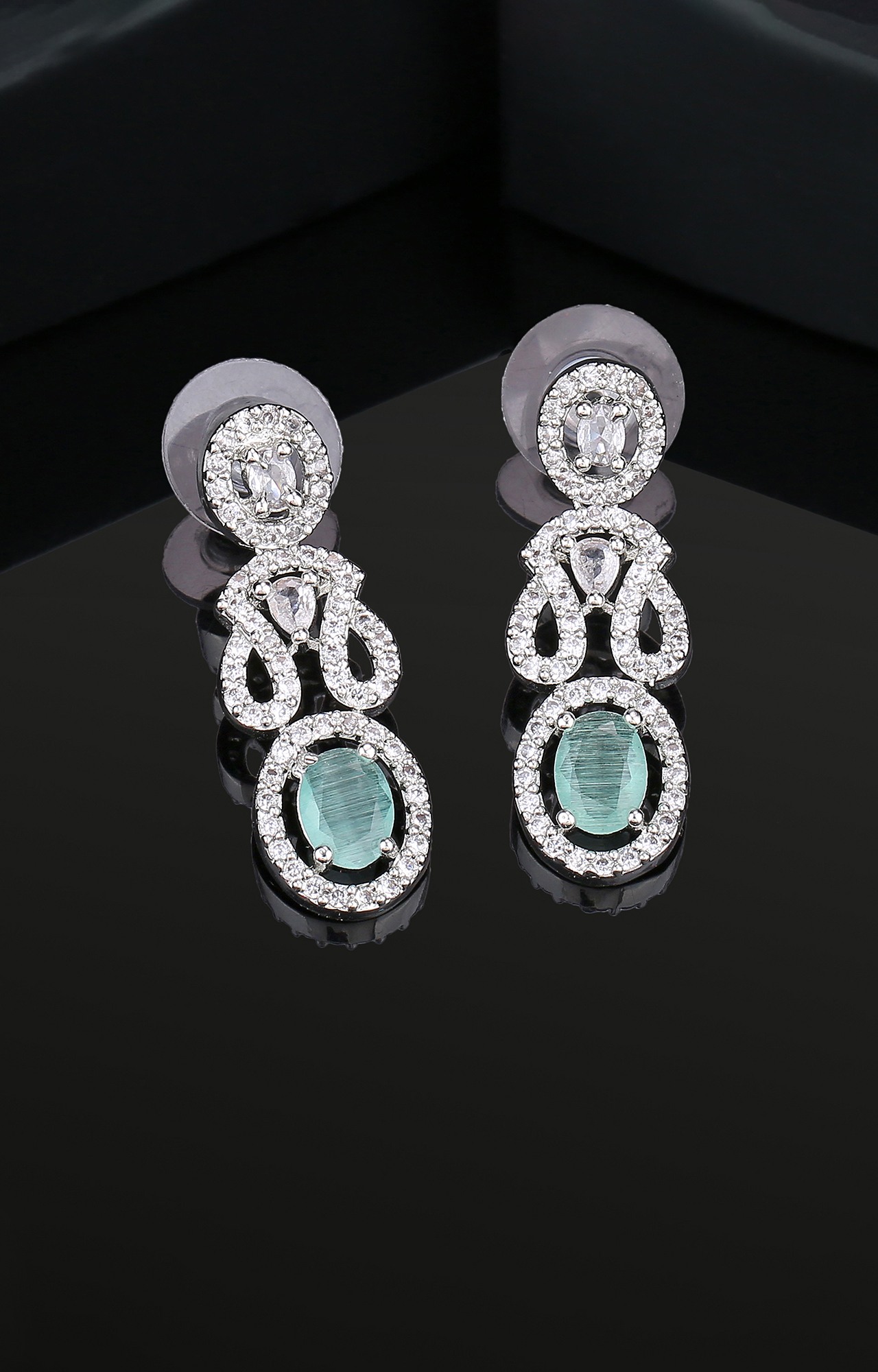 Estele Rhodium Plated CZ Splendid Earrings with Mint Green for Women