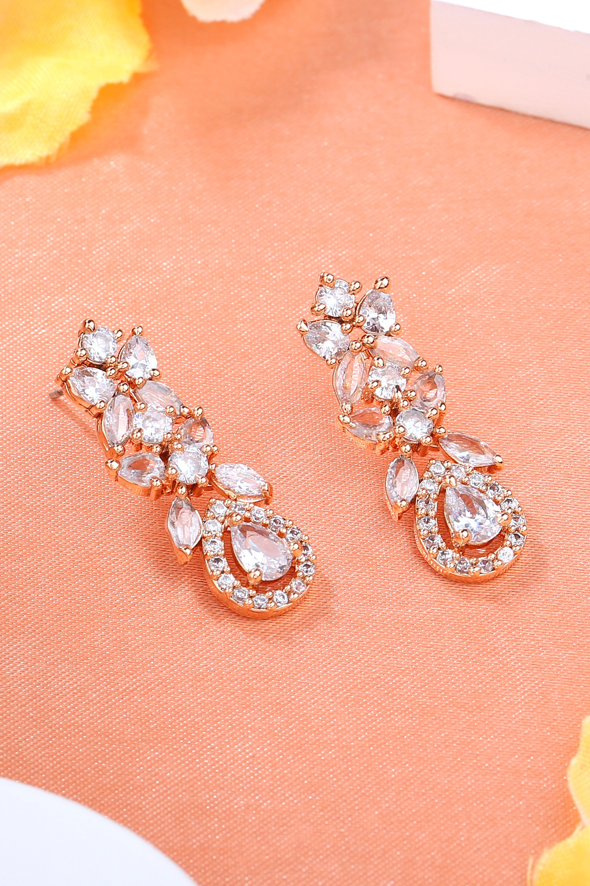 Estele Rose Gold Plated CZ Scintillating Drop Earrings with White Stones for Girls and Women