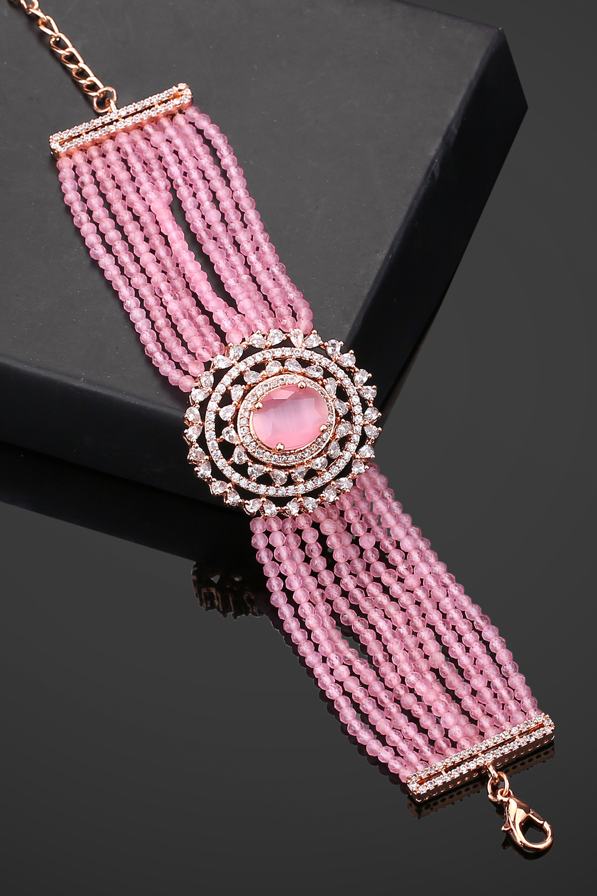 Estele Rose Gold Plated CZ Sparkling Multi-Layered Bracelet with Mint Pink Stones for Women