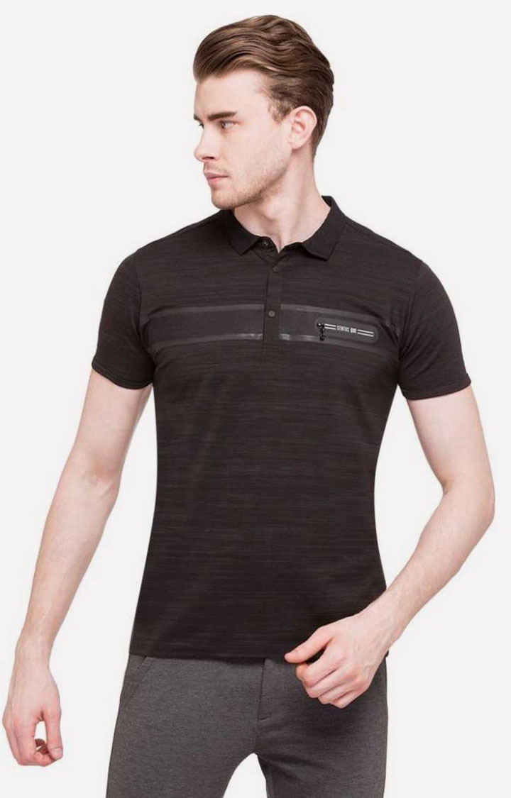 Men's Black Cotton Striped Polos