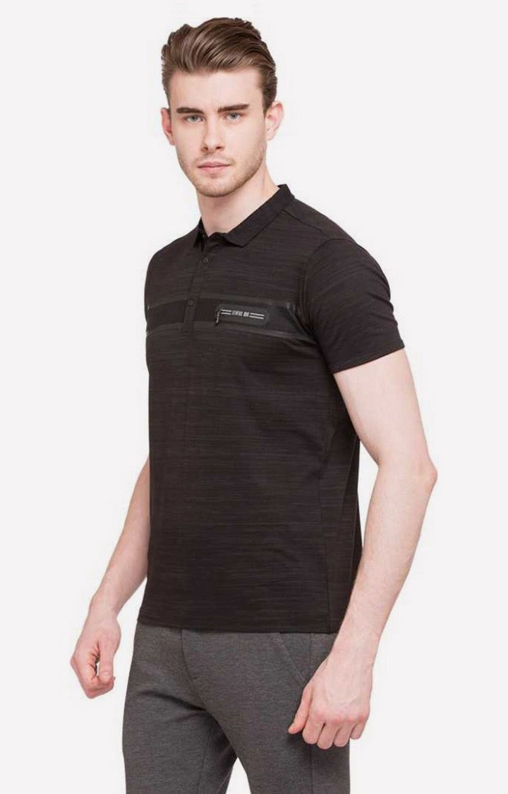 Men's Black Cotton Striped Polos