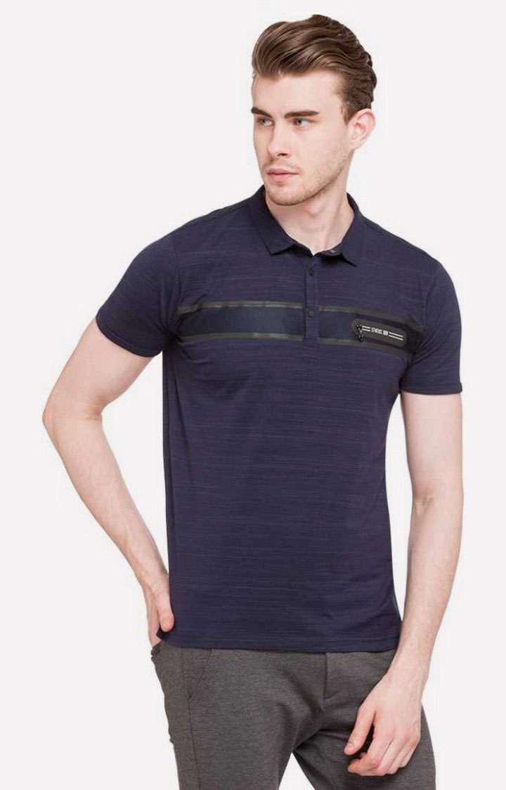 Men's Blue Cotton Striped Polos