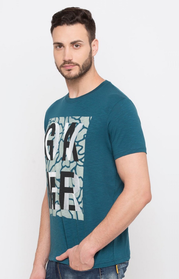Status Quo | Men's Green Cotton Typographic Printed Regular T-Shirt 1