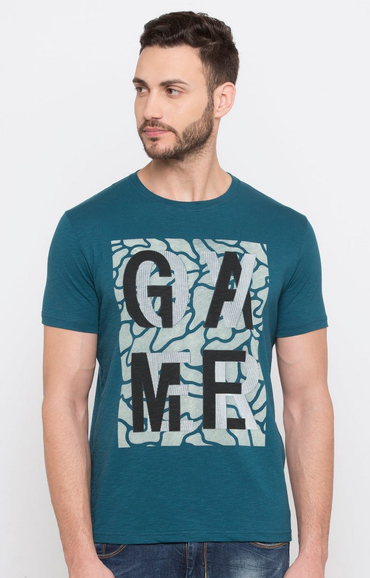 Status Quo | Men's Green Cotton Typographic Printed Regular T-Shirt 0