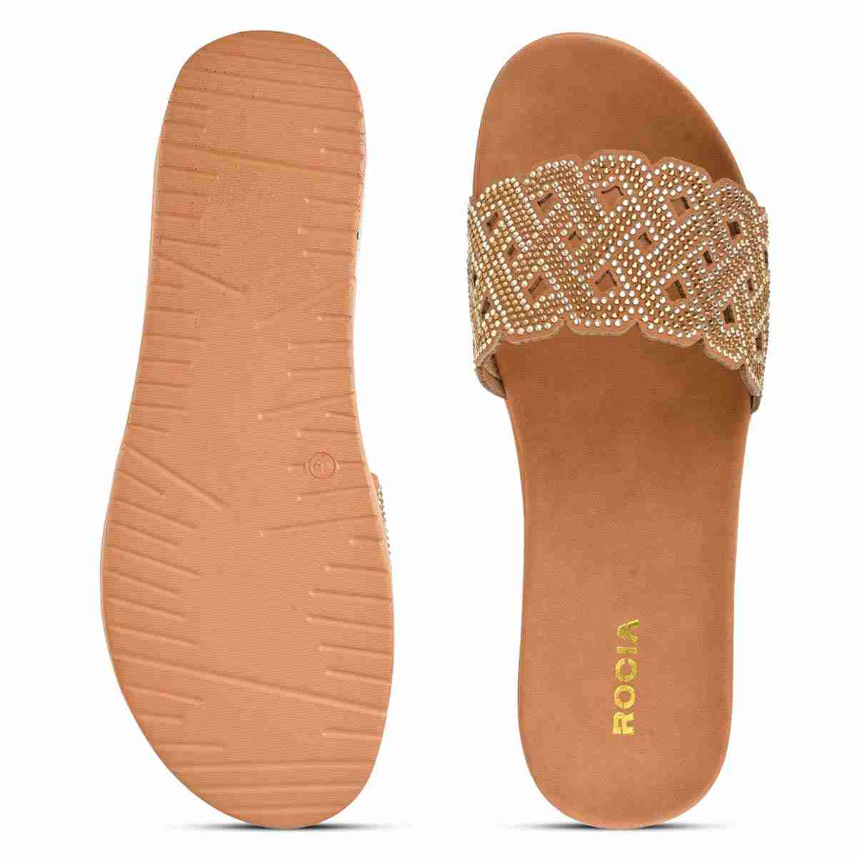 Rocia Antique Gold Women Diamond Studded Sliders
