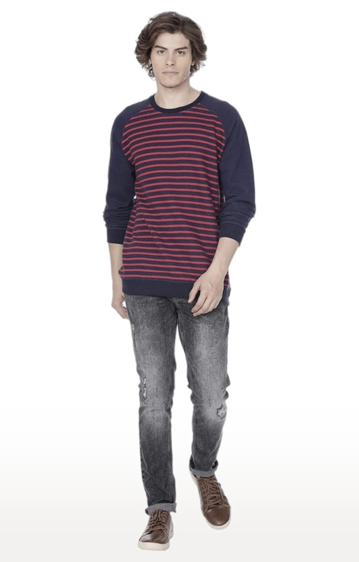 Voi Jeans | Men's Blue & Red Cotton Striped SweatShirt 1