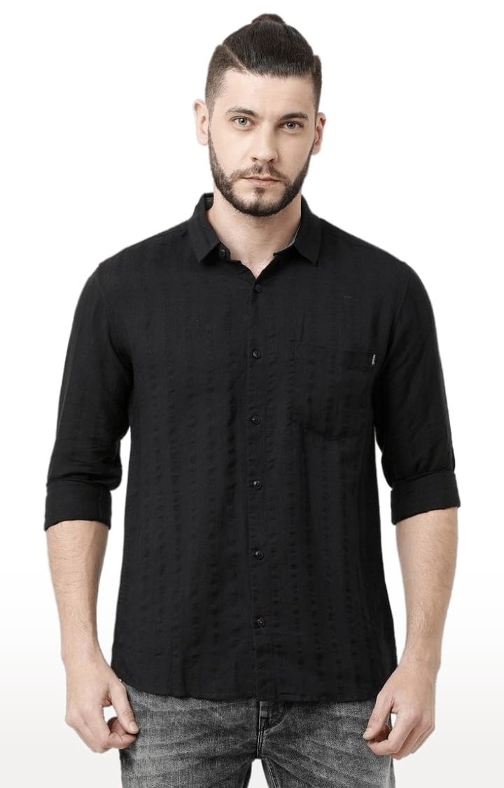 Voi Jeans | Men's Black Cotton Striped Casual Shirt 0