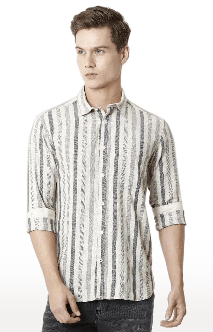 Voi Jeans | Men's Beige Cotton Striped Casual Shirt 0
