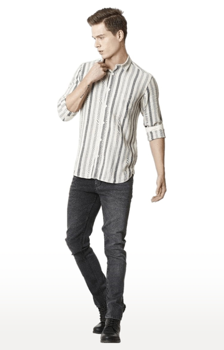 Voi Jeans | Men's Beige Cotton Striped Casual Shirt 1