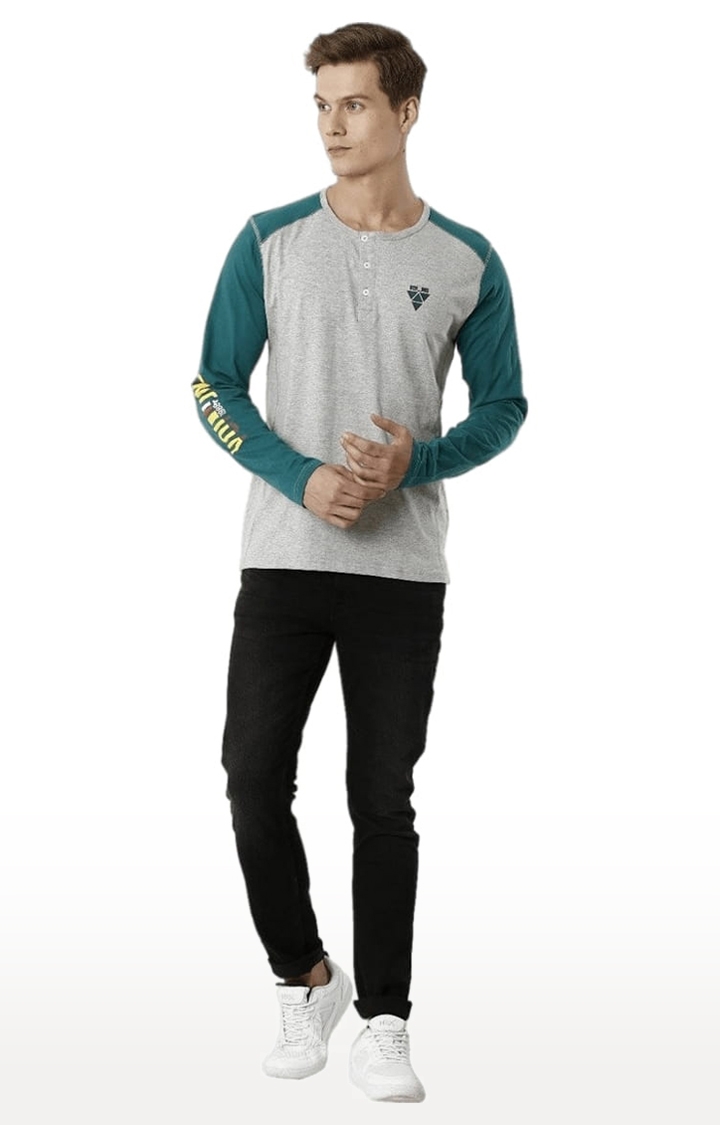 Voi Jeans | Men's Light Grey Melange Textured Cotton Colourblocked T-Shirt 1