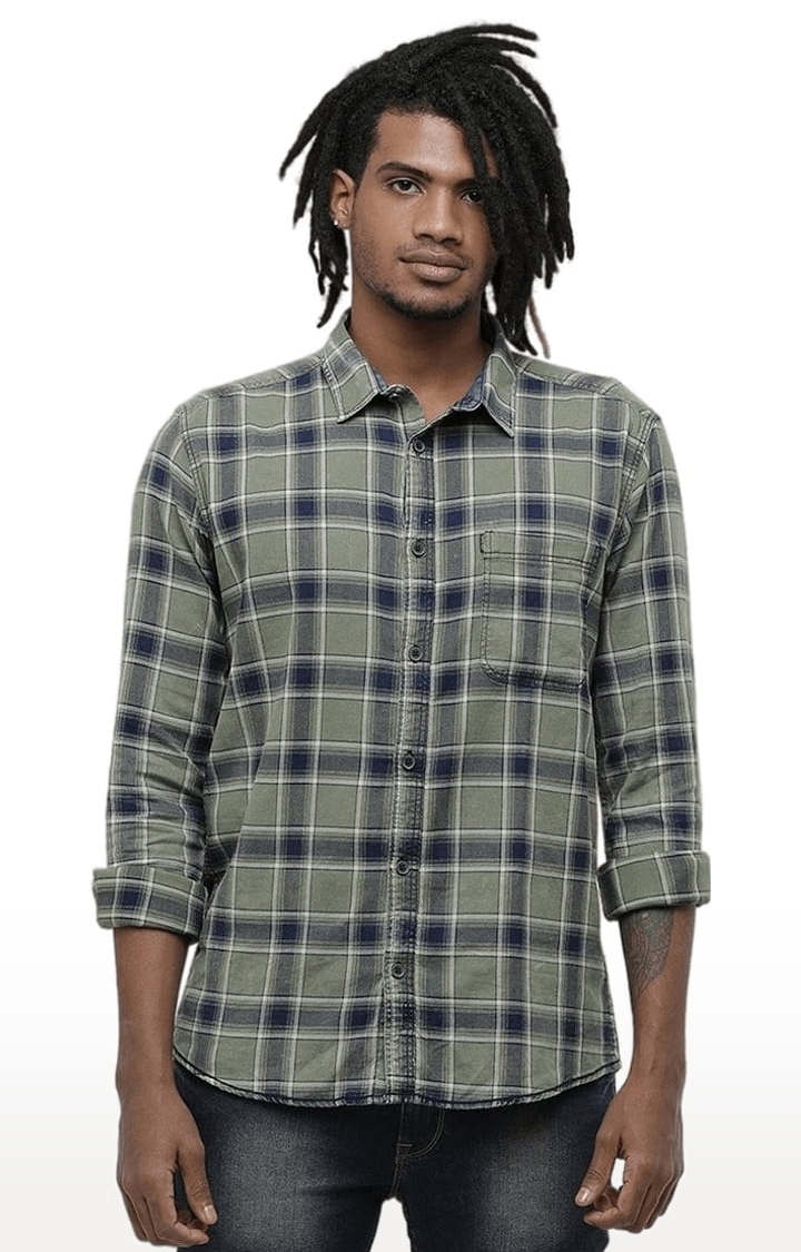 Voi Jeans | Men's Light Green & Blue Cotton Blend Checkered Casual Shirt 0