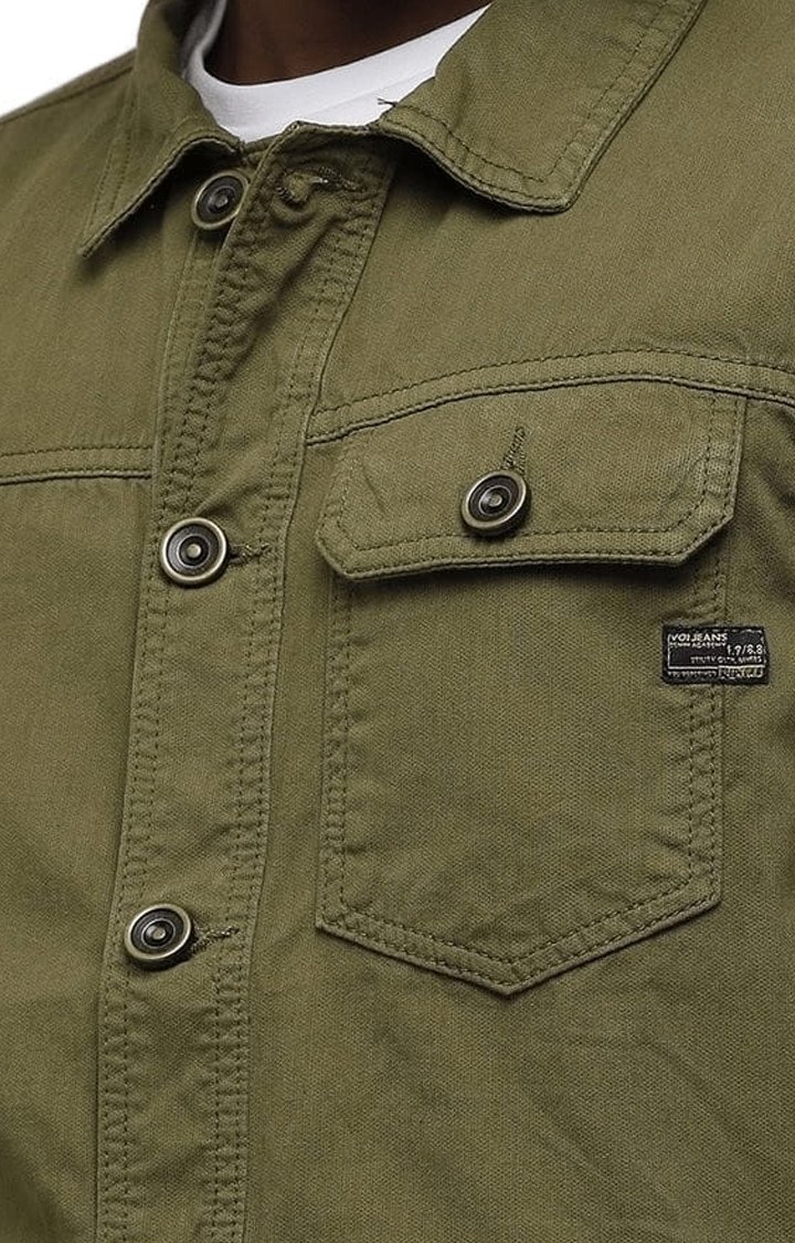 Men's Olive green Cotton Solid Denim Jacket