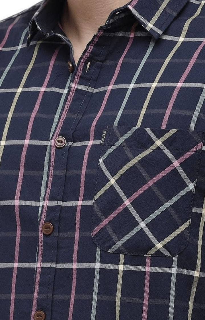 Men's Navy Blue Cotton Checkered Casual Shirt