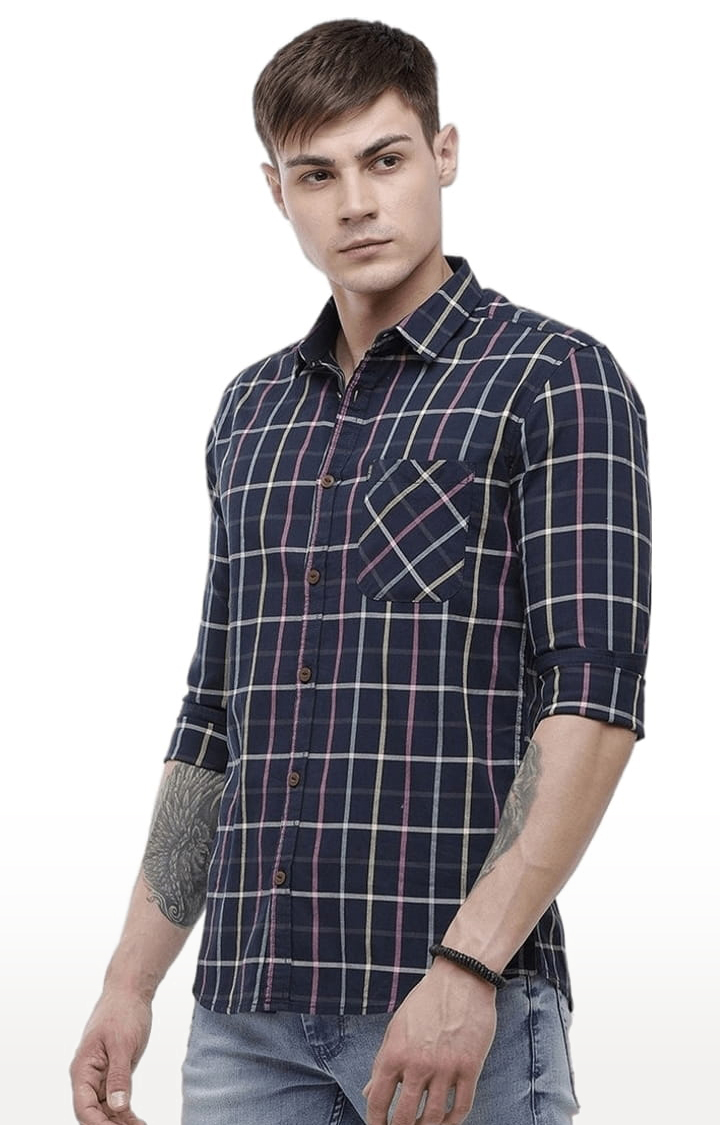 Men's Navy Blue Cotton Checkered Casual Shirt