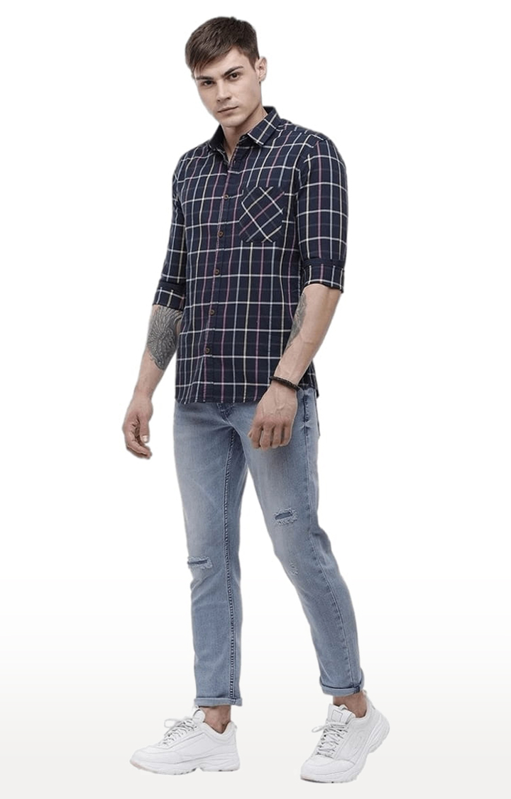 Men's Navy Blue Cotton Checkered Casual Shirt