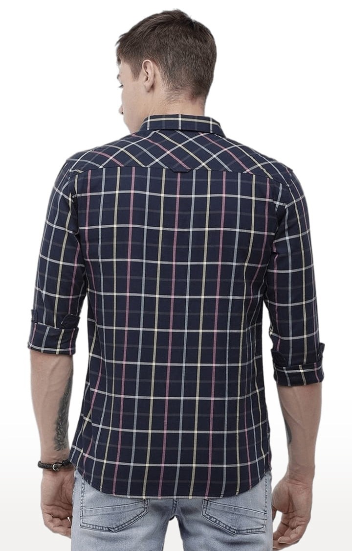 Men's Navy Blue Cotton Checkered Casual Shirt