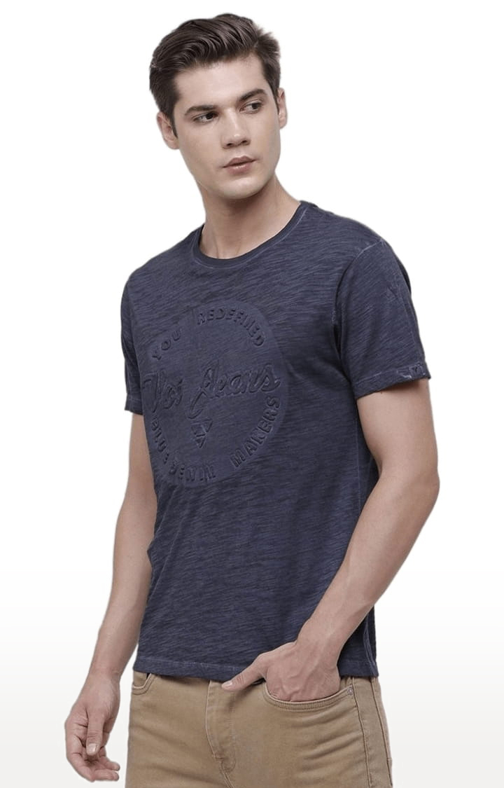 Men's Navy Blue Cotton Typographic T-Shirt
