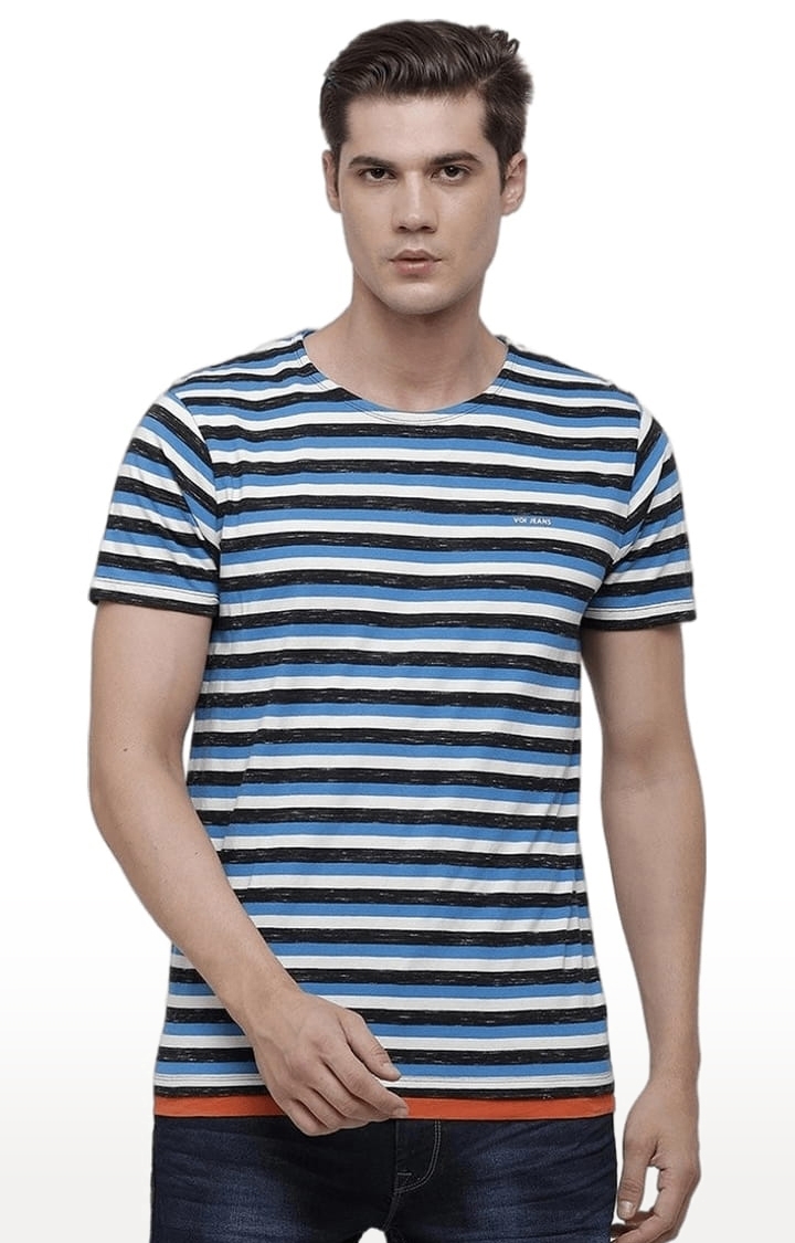 Voi Jeans | Men's Blue & White Cotton Striped T-Shirt 0