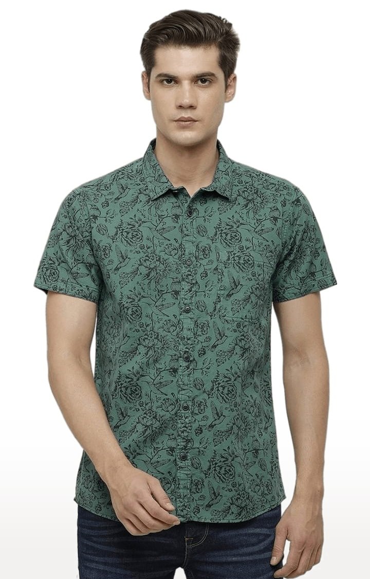 Men's Dark Green & Black Cotton Floral Casual Shirt